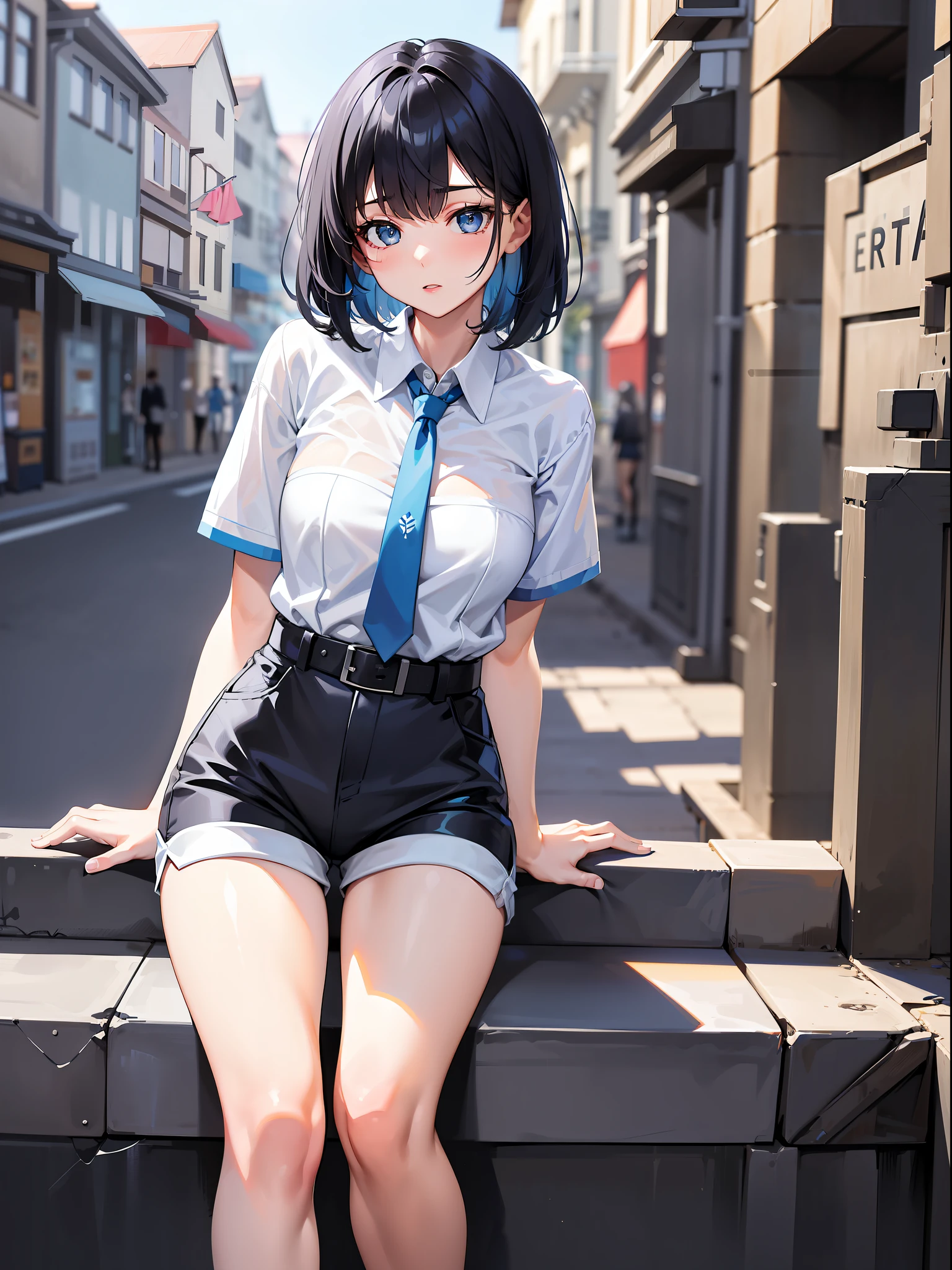 Black hair short, short blue clothes with white collar sleeves, blue shorts, black stockings, white waist belt, white shoes, girl, outdoor