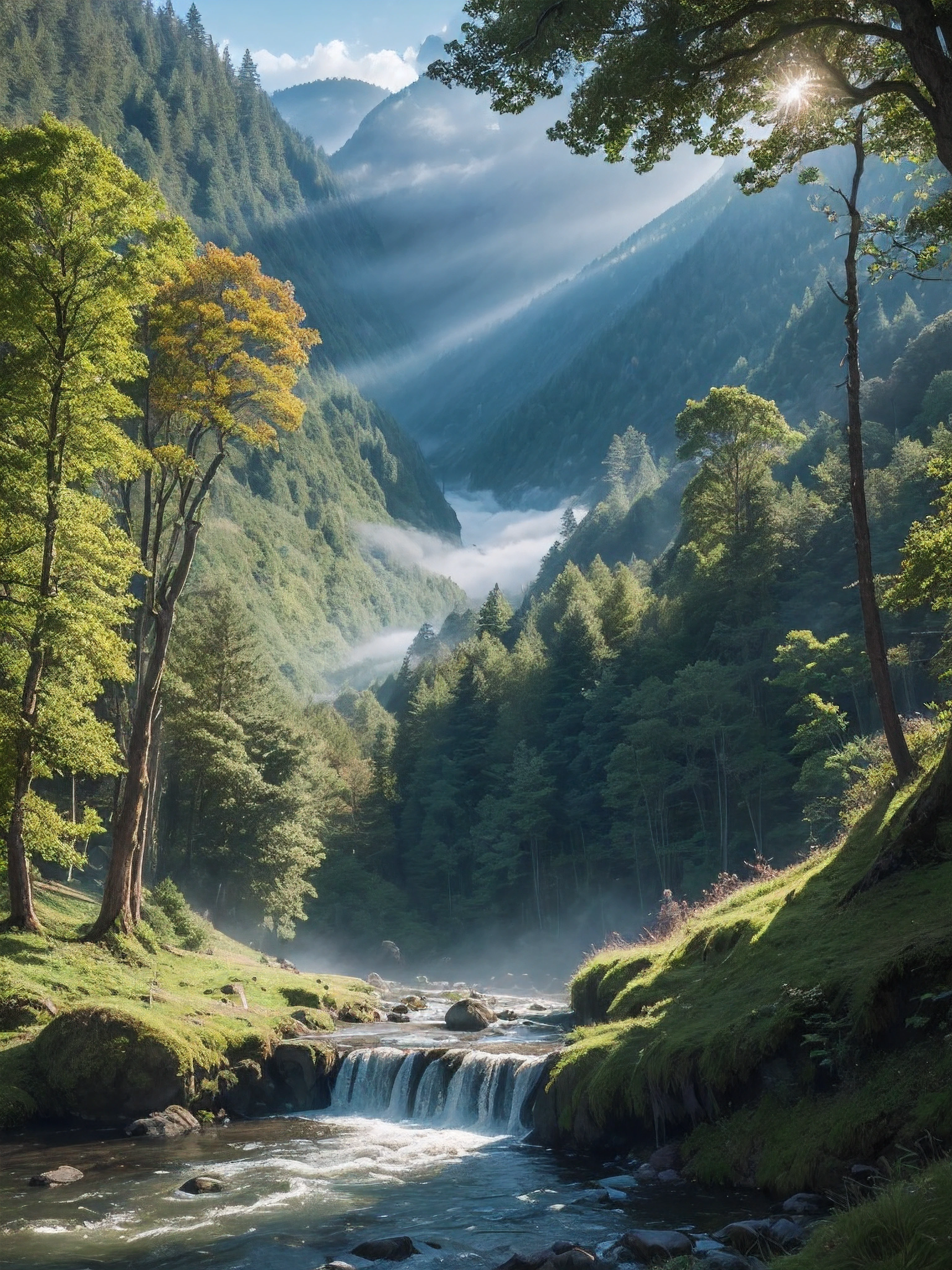 (best quality, ultra-detailed, realistic:1.37), detailed foreground, vibrant colors, traditional painting, surreal atmosphere, (swordsman with intricate armor and a flowing cape), intense action, dynamic composition, (glimmering sword), (falling leaves), (misty atmosphere), (majestic mountains), (rustic wooden architecture), (lush greenery), (sunlight filtering through the trees), (golden hour), (birds in flight), (dappled shadows), (mysterious mist in the woods), (sparkling river), (dramatic clouds), (wisps of fog), (whispering wind), (suspended moment), (tranquil ambiance), (hint of danger).