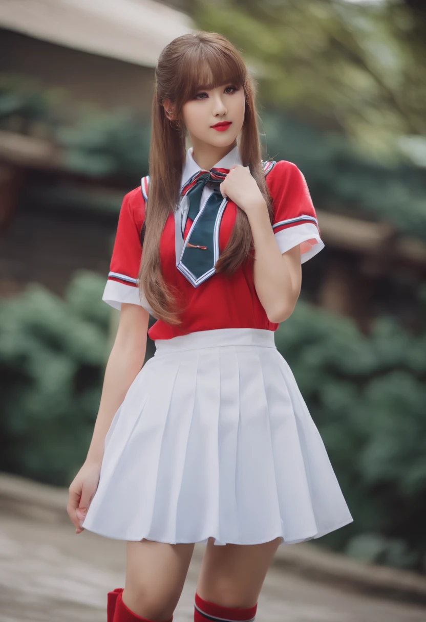 a miniskirt、Oversized socks、Beautiful makeup、hi-school girl、Uniform Cosplay