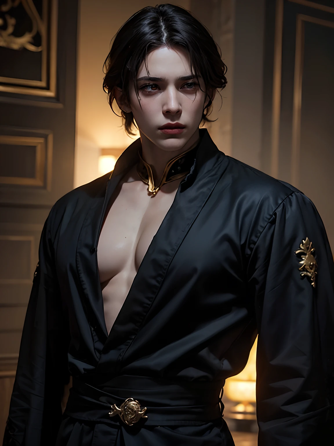 1man, stern look, 6th Century catastrophe, post-apocalypse, solo focus, adult, pale and young adult face, short black hair, black silk robe with golden lining, palace, realistic, dynamic pose realistic, detailed and correct facial structure, dark atmosphere, blades ornaments, LEON S. KENNEDY, handsome, attractive, slightly muscular, cinematic lighting, unreal engine, trending on ArtStation, intricate details, masterpiece, best quality, by Irakli Nadar, Greg Rutkowski,(((best quality))),(((ultra detailed))),(((masterpiece)))