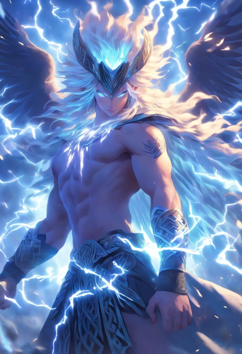 (((cian))) Best Quality, Ultra-high resolution, 4K Detail CG, masutepiece,Angel Girl, girl with,full body Esbian,white color hair, Ancient white clothes, devilish white tail with hair at the end,,,, de pele branca, Big white wings,a lot of feathers float、angelicales、Celtic gods,lightning bolt, ,Celtic clothing,Blue clothes, Celtic mythology, ((god of thunder)) , Celtic image, Aesthetic, Screen-centric