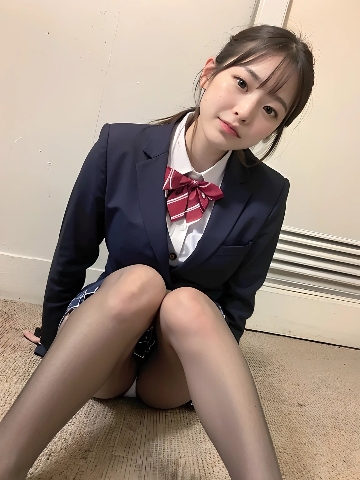 there is a woman in a suit and bow tie sitting on the floor, Cute Schoolgirl, chiho, 奈良美智, Seifuku, sakimichan, a hyperrealistic schoolgirl, in a strict suit, Japan school uniform, School Girl, dressed as schoolgirl, japanese girl school uniform, Girl in suit