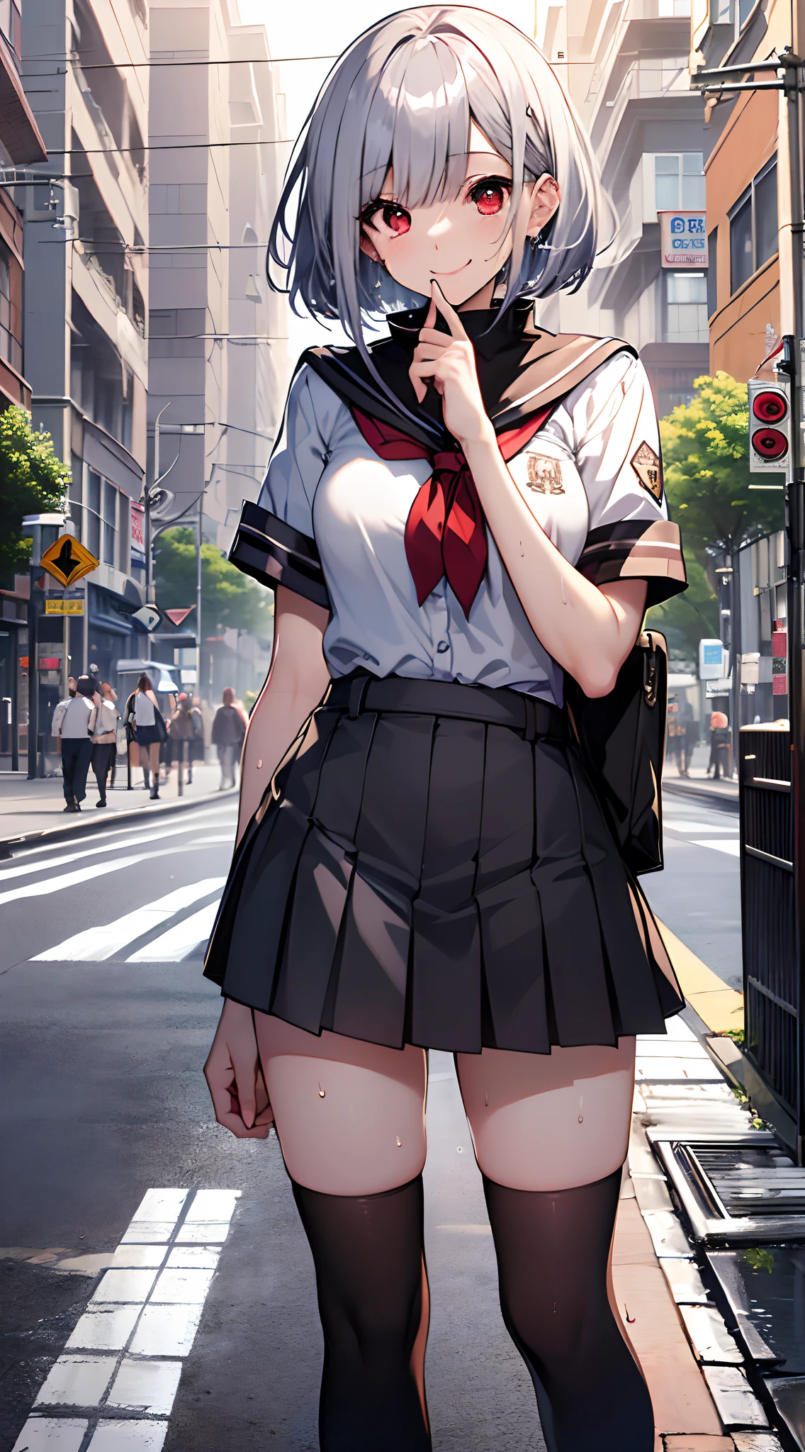 top-quality、Top image quality、in 8K,4K,​masterpiece、(NSFW:1.1)、ultra-detailliert、Beautiful、ultra-quality、adult-like、Cool、girl with(((18year old、shool uniform、a miniskirt、thigh-high socks、Skin shiny with sweat:1.1、Bust 78、silber hair、a short bob、Red Eyes、erotick:1.4、A smile)))、hiquality、visualart、Background with((In the street:1.3))、masutepiece