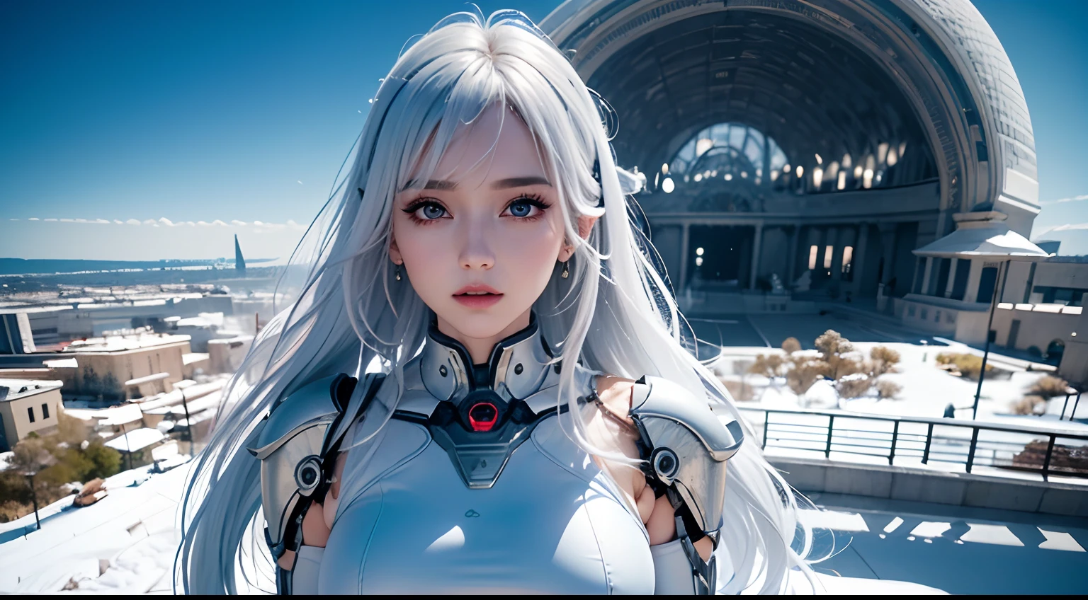 See the city from above，The scene is magnificent，A beautiful woman strode wildly，The sky is out of phase，Big galaxy，Big Mars，Great river，the ocean，large waves，8K high-definition，realistic visual effects，attractive beautiful，dramatic contrast，Gentle lighting，Delicate warmth，the soft light，hyper HD， Extremely colorful，best qualityer，perfect female shape，HighDynamicRange，long eyelasher，Unbeatable masterpiece，Snow-whiteskin，putting makeup on， Sexy goddess，Large metal mechanical gears，Strange sky，8K high quality，A pair of big eyes are beautiful and moving，White skin，Makeup，Sexy outfit，A beautiful girl，Sexy goddess，Sexy outfit，Wear white lace，With silver，Snow-white skin，Feminine pose，Fly in the air，Strange sky，8K high-definition，mirage，Over large cities，chies，Grand Theatre，European-style architecture，modern urban，Buildings，Giant statue，The sky is full of auspicious clouds，