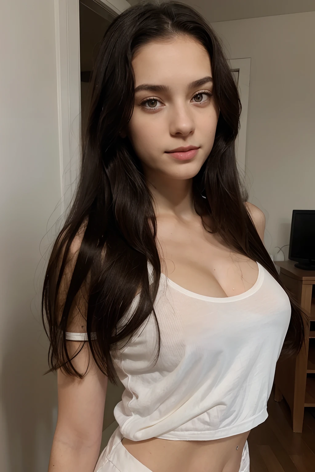 Nsfw, 1girl in, age19, Solo, Aesthetic artwork, irish, wavy brown hair, shoulder length hair, gray eyes, light grey eyes, pale skin, A-cup, small breasts, runners body, (textured skin, skin pores:1.1), goosebumps, taking a selfie photo while laying down in bed, wet t-shirt, see-through t-shirt, ((nipples poking through)), nipples visible through t-shirt, seductive, sexy photo, not wearing any pants, wearing pink see-through thong, long legs, small nipples, (extremely detailed 8k wallpaper), soft lighting, high quality, film grain, Fujifilm XT3 sharp focus, f 5.6, 50mm, High Detail, Sharp focus,(natural light), crazy details, complex details, hyperdetailed, close-up, hands hidden