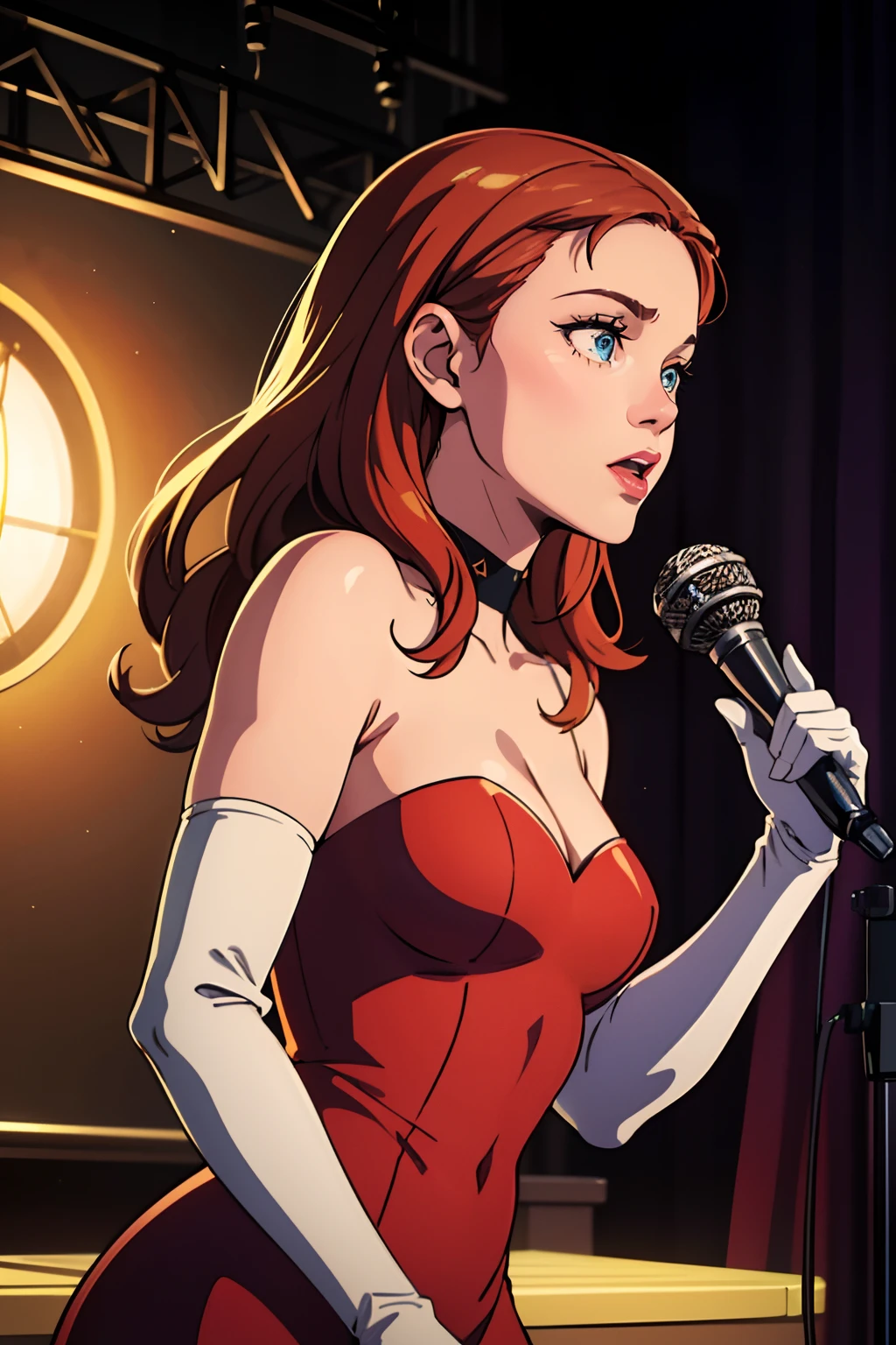 best quality,4k,8k,highres,masterpiece:1.2),ultra-detailed,(realistic,photorealistic,photo-realistic:1.37), vibrant colors, stage spotlight, vintage microphone, elegant hair, graceful pose, dynamic atmosphere, stylish interior, classic jazz era vibes, captivating performance, soulful expression, animated jazz band, rhythmic music, passionate singing, microphone stand, energetic crowd, glamorous ambiance, seamless visual composition, enchanting red lighting, annette_student, long hair, blue eyes, in a red dress, long white elbow gloves, holding old 1920s microphone, jazz club background, singing