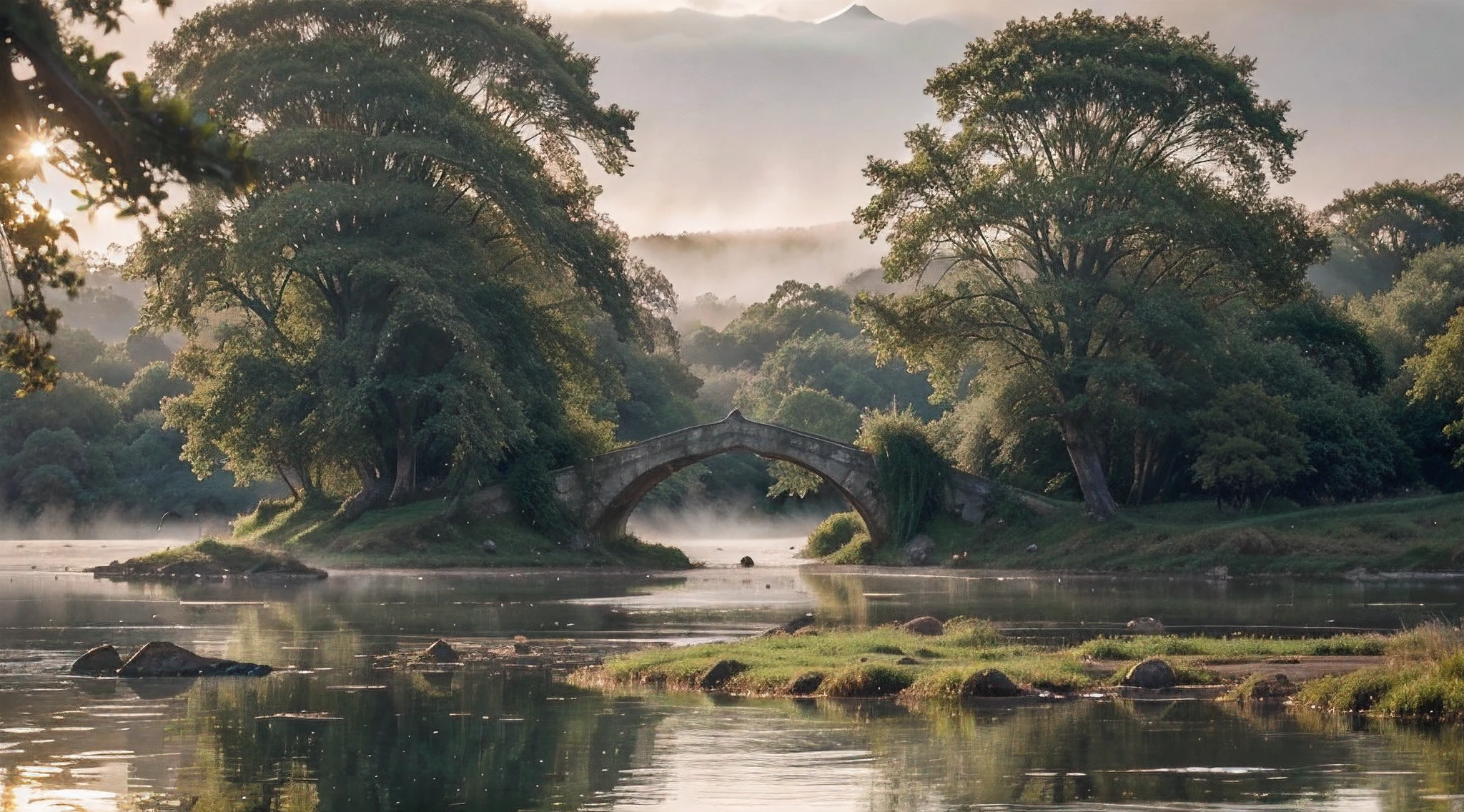 A (crystal-clear lake)1.1, framed by the (emerald moorland)0.9 that stretches into the horizon.
    The early morning (sunrise)1.2 casting a (soft golden glow)1.0 across the horizon, creating a warm and inviting atmosphere, while (gentle wisps of fog)1.1 wrap around the landscape.
    Show the (rolling hills)0.7 in the background, covered in (lush, emerald foliage)0.9, gradually fading into the (ethereal mist)1.3, creating an enchanting and mysterious ambiance.
    A (historic stone bridge)0.9 arching gracefully over the lake, adorned with (weathered moss)0.7 and (delicate wildflowers)0.6, perfectly blending with the natural surroundings, its far end disappearing into the fog.
    Enhance the atmosphere with (subtle ripples)0.6 on the lake's surface, generated by (ducks)0.7 gracefully gliding across the water, leaving gentle (trails)0.5, their forms partially obscured by the mist.
    Convey a profound sense of (solitude and tranquility)1.1, with no human presence in the scene, only the harmonious sounds of nature, such as (birds)0.8 singing in the distance, and the occasional eerie call of (moorland birds)1.2 in the distance.