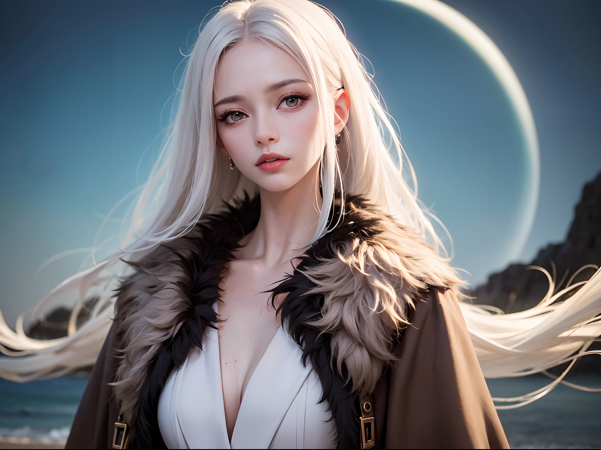Masterpiece, Highest quality, (solofocus), (Perfect face:1.1), (High detail:1.1), (hyper detail eyes), Dramatic, 1人, (Pale skin), Long white hair, Ethereal eyes, (Light eyebrows), Solo, Long hair, JTiago Azevedo, Moon, Night, white luxury suit, pouty lips, fur, proud expression,beach, Detailed background, Art germ, Cinematic lighting, rosette, Fashion, BalenciagaStyle