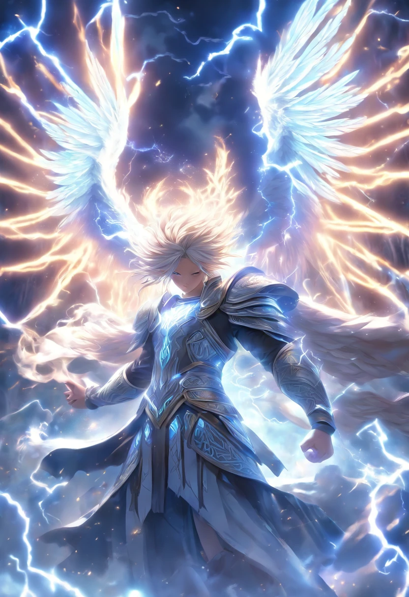 (((cian))) Best Quality, Ultra-high resolution, 4K Detail CG, masutepiece,femele、Angel Girl, girl with,full body Esbian,white color hair, Ancient white clothes, devilish white tail with hair at the end,,,,, de pele branca, Big white wings,a lot of feathers float、angelicales、Celtic gods々,lightning bolt, ,Celtic clothing,Blue clothes, Celtic mythology, ((god of thunder)) , Celtic image, Aesthetic, Screen-centric
