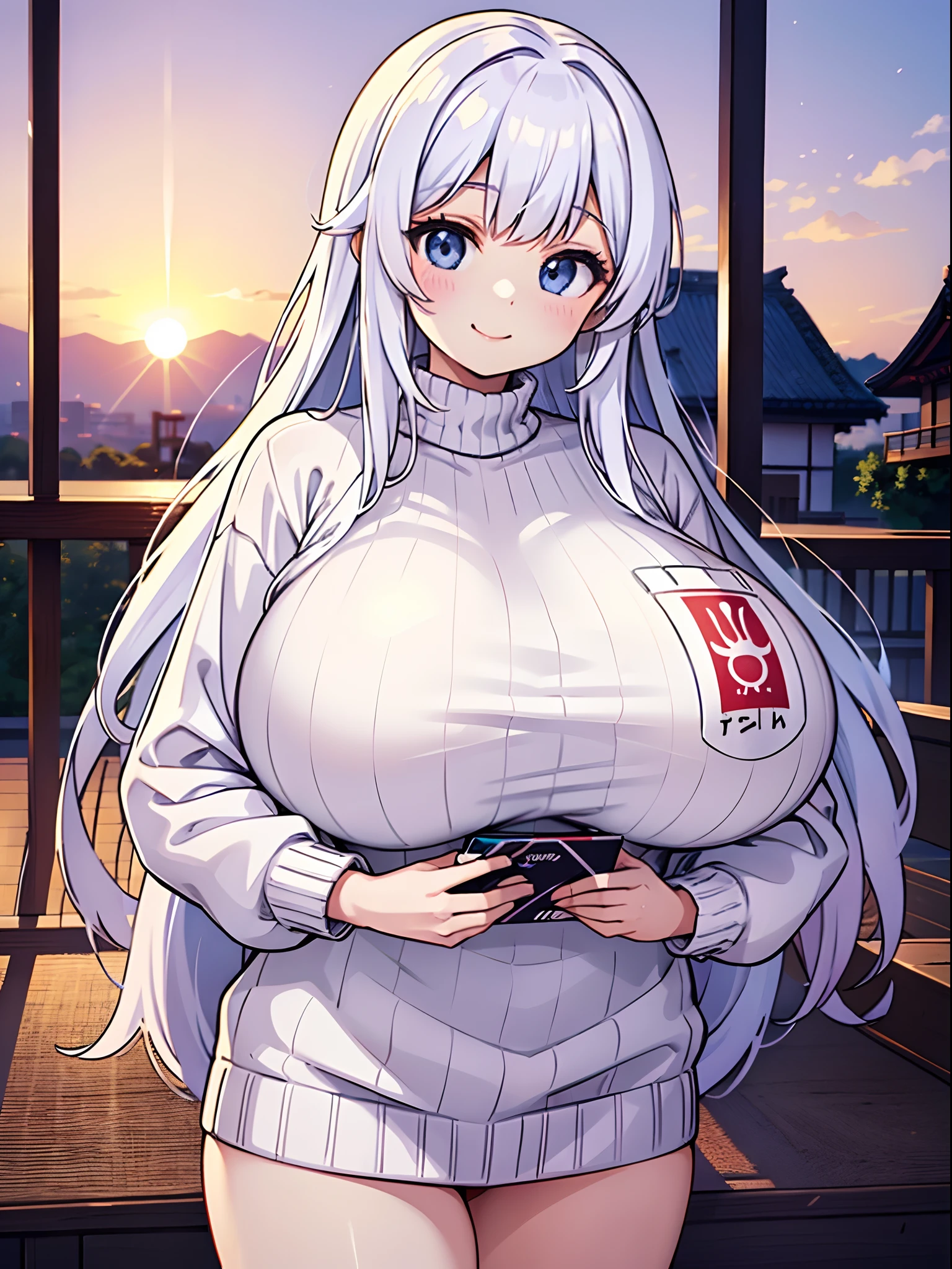 A beautiful  woman with very long hair and a gentle smile and a beautiful sunset in the background,((white summer sweater is huge  inflated )) ,anime,japan comic,