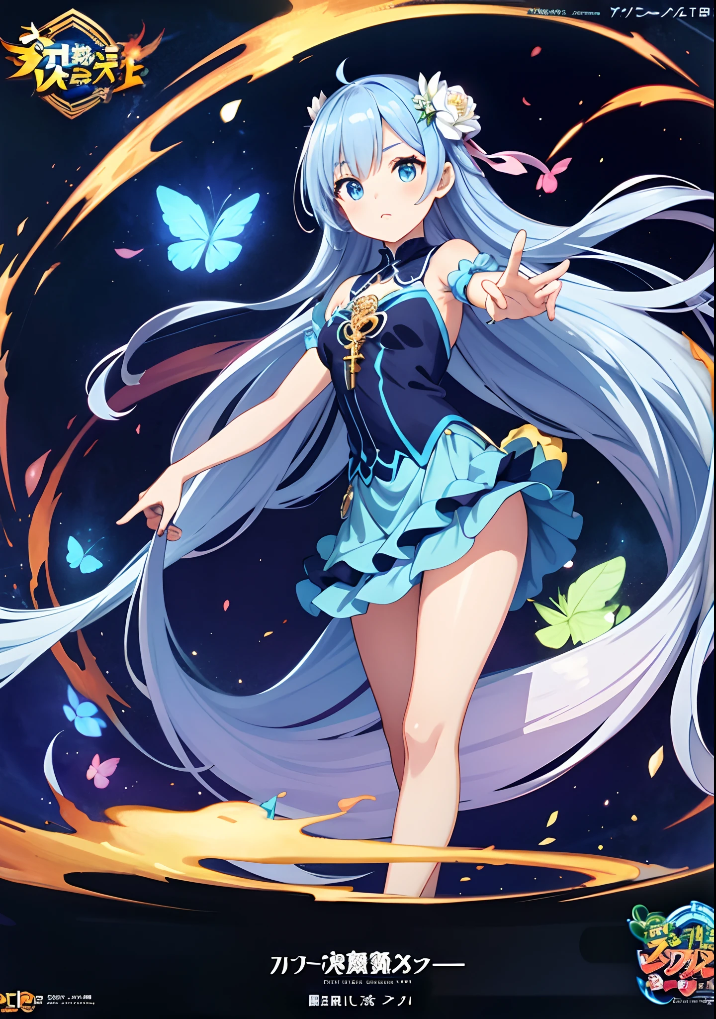 Anime girl in blue dress with flowers, Light blue long hair、Twin-tailed、Cute anime waifu in a nice dress, in dress, rem rezero, offcial art, Anime princess, Lori, beatrice blue, zerochan art, royal elegant pose, official artwork, splash art anime lolisif, Kushatt Krenz Key Art Women, detailed fan art, Beautiful teenage