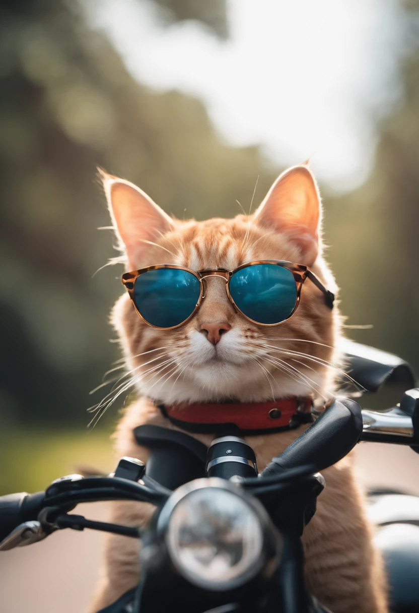 Perfect centering, Cute  cat, Put on your jacket, wearing sunglasses, wearing headphones, cheerfulness, Sitting position on a motorcycle, abstract beauty, centered, looking at the camera, facing the camera, approaching perfection, dynamic, Highly detailed, Smooth, sharp-focus, 8K