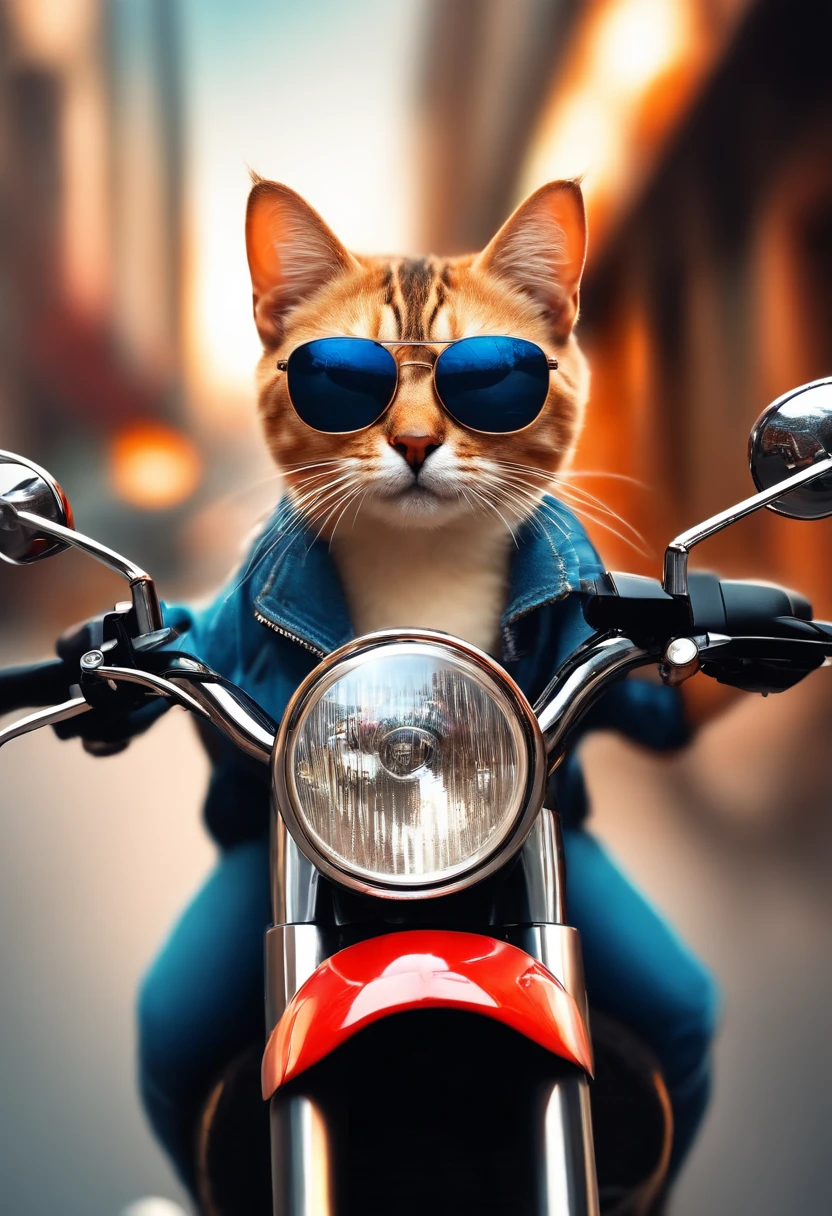 Perfect centering, Cute little cat, Put on your jacket, wearing sunglasses, wearing headphones, cheerfulness, Sitting position on a motorcycle, abstract beauty, centered, looking at the camera, facing the camera, approaching perfection, dynamic, Highly detailed, Smooth, sharp-focus, 8K