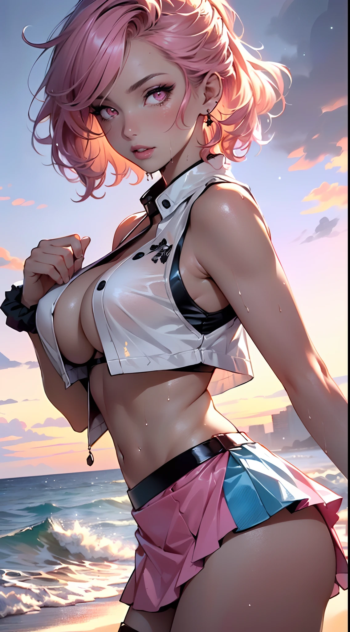 Girl Youku anchor,(((1girll))),((Very cute beautiful girl with pink curly hair)),
(Large of breast:1.4),big assa,(((pink scrunchie:1.35,Very curly hair,Colored inner hair,Ear breathing,Short hair))),(((In pink_Eyes:1.3))),intricately detailed eyes,Beautiful detailed eyes,Symmetrical eyes,Big eyes:1.3,((Fat)),(((Glossy glossy skin:1.5,Bright Skin: 1.5,dark tanned skin,Shiny skin,very shiny skin,shining body,plastic glitter skin,exaggerated shiny skin,brightskin,Wet legs))),Detailed body,(Detailed face),

Cute,slutty,Seductive,Erotic,(((NSFW))),

zettai ryouiki,Clothing that exposes,show skin,((rave mini-skirt,visible thong straps,White loose vest，Decorated with anime art prints)),((Wet clothes,intricate outfits,intricate clothes)),

(Dynamic pose:1.0),Embarrassed,(Centered,Scale to fit the dimensions,Rule of thirds),

Seaside cyberpunk night, There are bright neon lights and dark storm clouds and puddles, scenery:1.25,

artsy photography,(photography of：SLDR),A high resolution, Sharp focus, (Ultra detailed, Extremely detailed), (realistic artwork:1.37),(Extremely detailed Cg Unity 8K wallpaper),((Synthetic wave background theme)),(((Vibrant colors))),(intricate background),(Masterpiece),(Best quality),