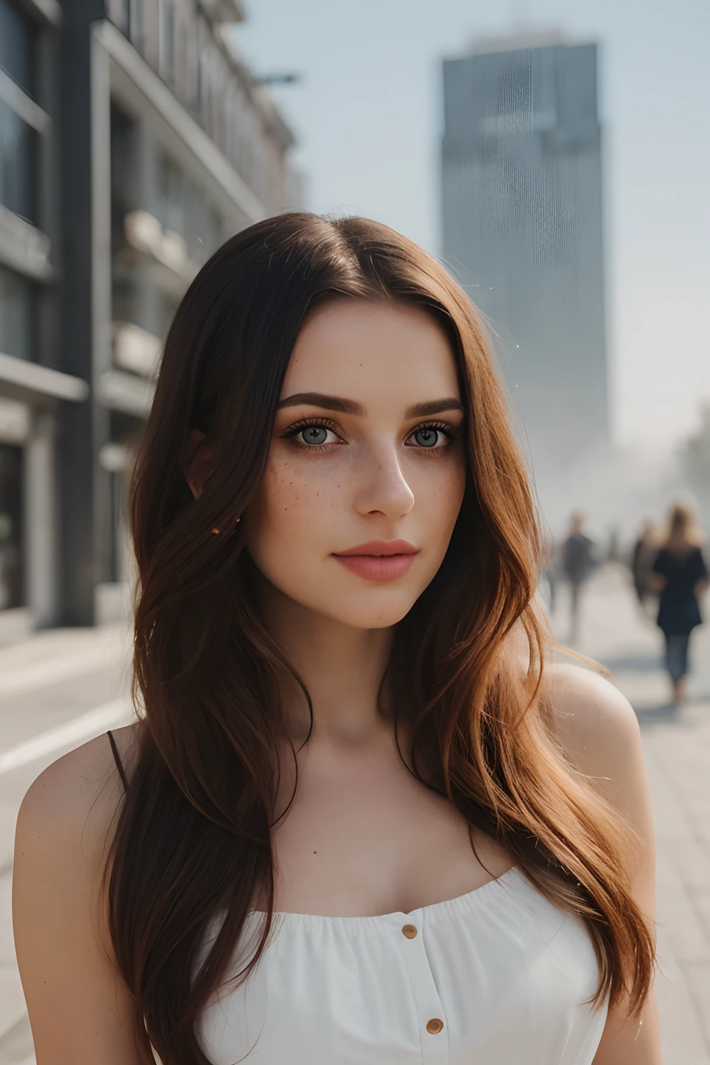 professional portrait photograph of a gorgeous Ukrainian girl in summer dress with long wavy black hair, sultry flirty look, (freckles), gorgeous symmetrical face, cute natural makeup, wearing elegant cotton fashion clothing, ((standing outside in summer city street)), head slight tilt, stunning modern urban environment, ultra realistic, concept art, elegant, highly detailed, intricate, sharp focus, depth of field, f/1. 8, 85mm, medium shot, mid shot, (((professionally color graded))), bright soft diffused light, (volumetric fog), trending on instagram, hdr 4k, 8k