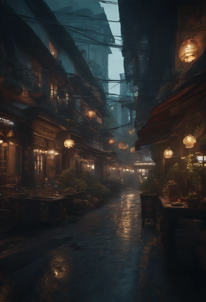 Cyberpunk city from sci-fi movie, empty street, night, chinoiserie buildings, old shop, irregular, circuit boards, wires, intricate, super detailed, realistic, hyper realistic, high quality, best, super detailed, crazy Detail, Very Detailed, Photorealistic, Epic Composition, Best Quality, 32k --v 6
