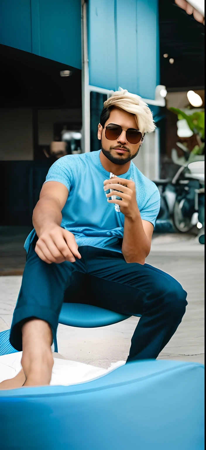 there is a man sitting on a blue chair with his feet up, stylish pose, with a cool pose, very artistic pose, cool pose, taken with sony alpha 9, shooting pose, very very low quality picture, edited in photoshop, very cool pose, cinematic shoot, candid picture, attractive pose, with cigar, modeling shoot, taken with canon 8 0 d