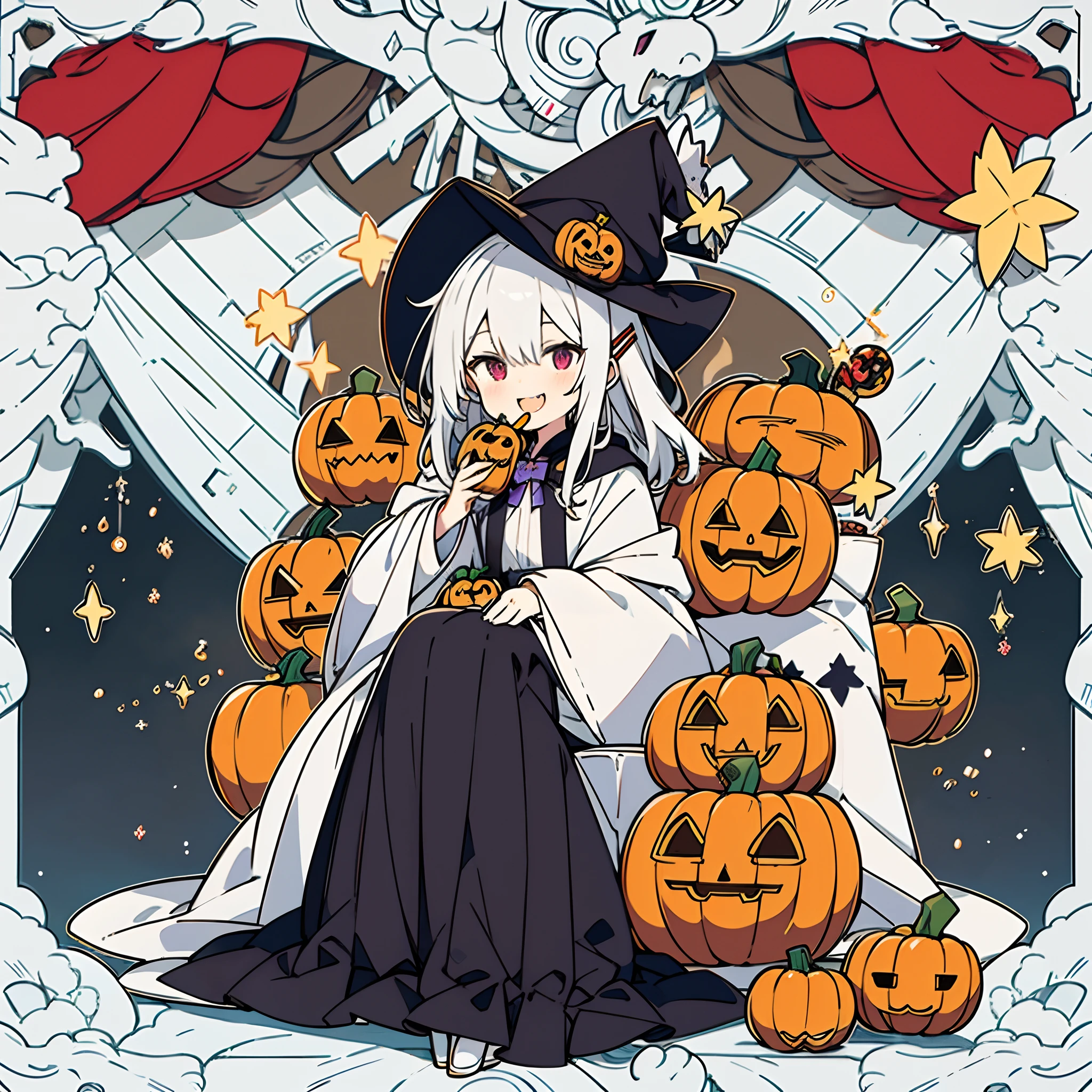 A maiden sitting on a rooftop under the stars,white color hair,Red left eye,Purple right eye,Wearing a wizard hat and a star hairpin,Holding a pumpkin head filled with candy in his hand,Smile,with her mouth open,Show cute fangs