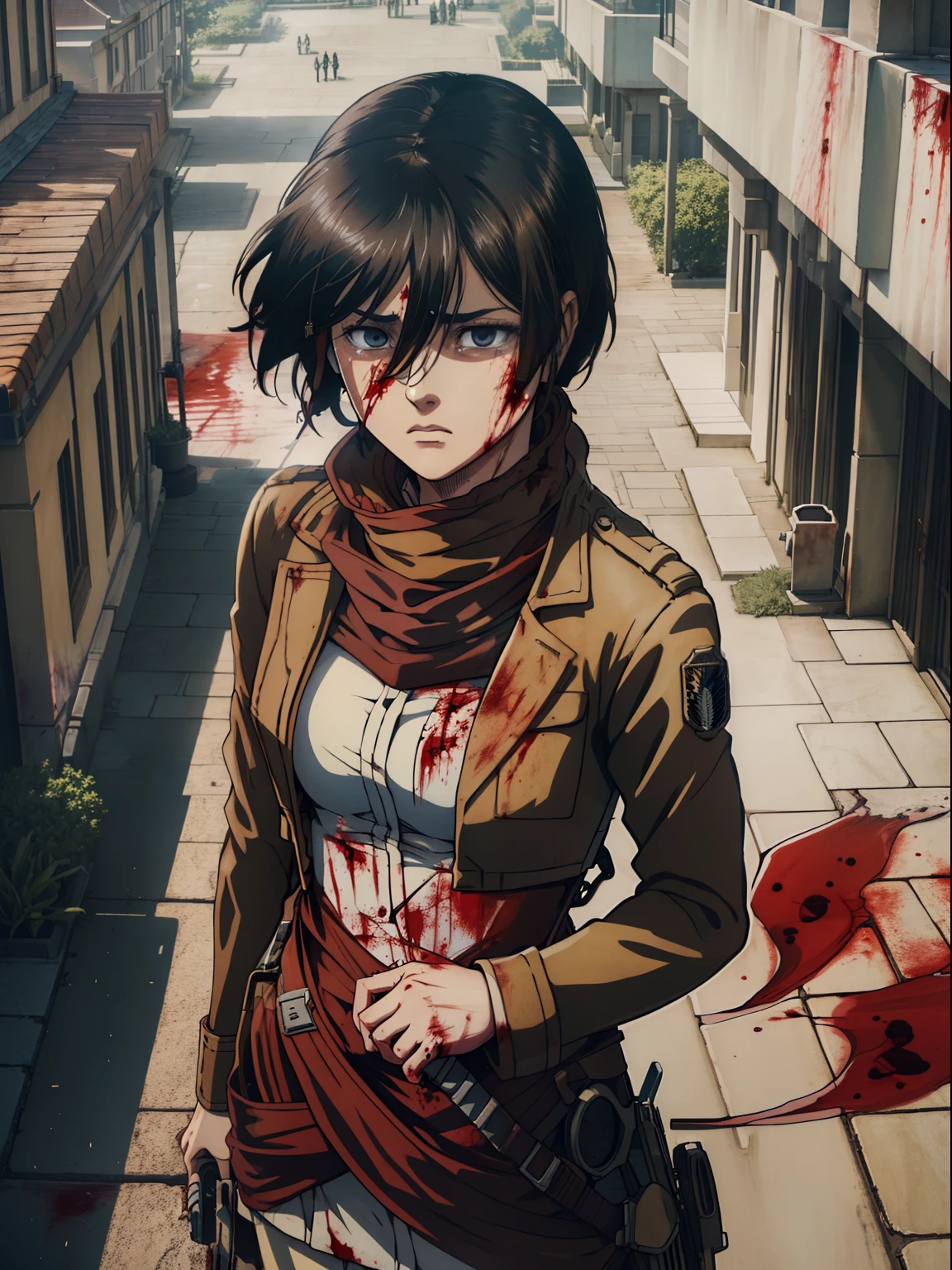Masterpiece, A high resolution, Photorealistic, Best quality, 8K, Best quality, Ultra-detailed, Cinematic lighting, 1girll, mikasa ackerman, shingeki no kyojin, 1girll, belt, Black hair, Cropped jacket, emblem, hair between eye, Jacket, Paradise military uniform, Red scarf, Scarf, Short hair, shout, Angry, Crying, Watery eyes, (Blood:1.4), the scars, view the viewer, Ott style, Swords, Huge walls, Rooftop, Portrait, Upper body,