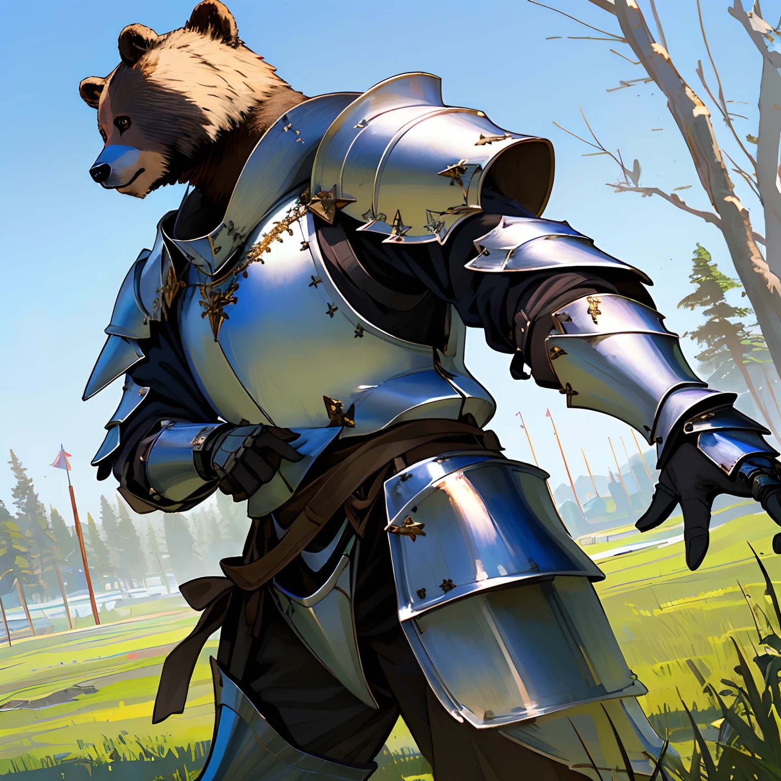 Fat bear with armor naked sleeping on grass showing his ass with detailed hands and detailed mouth