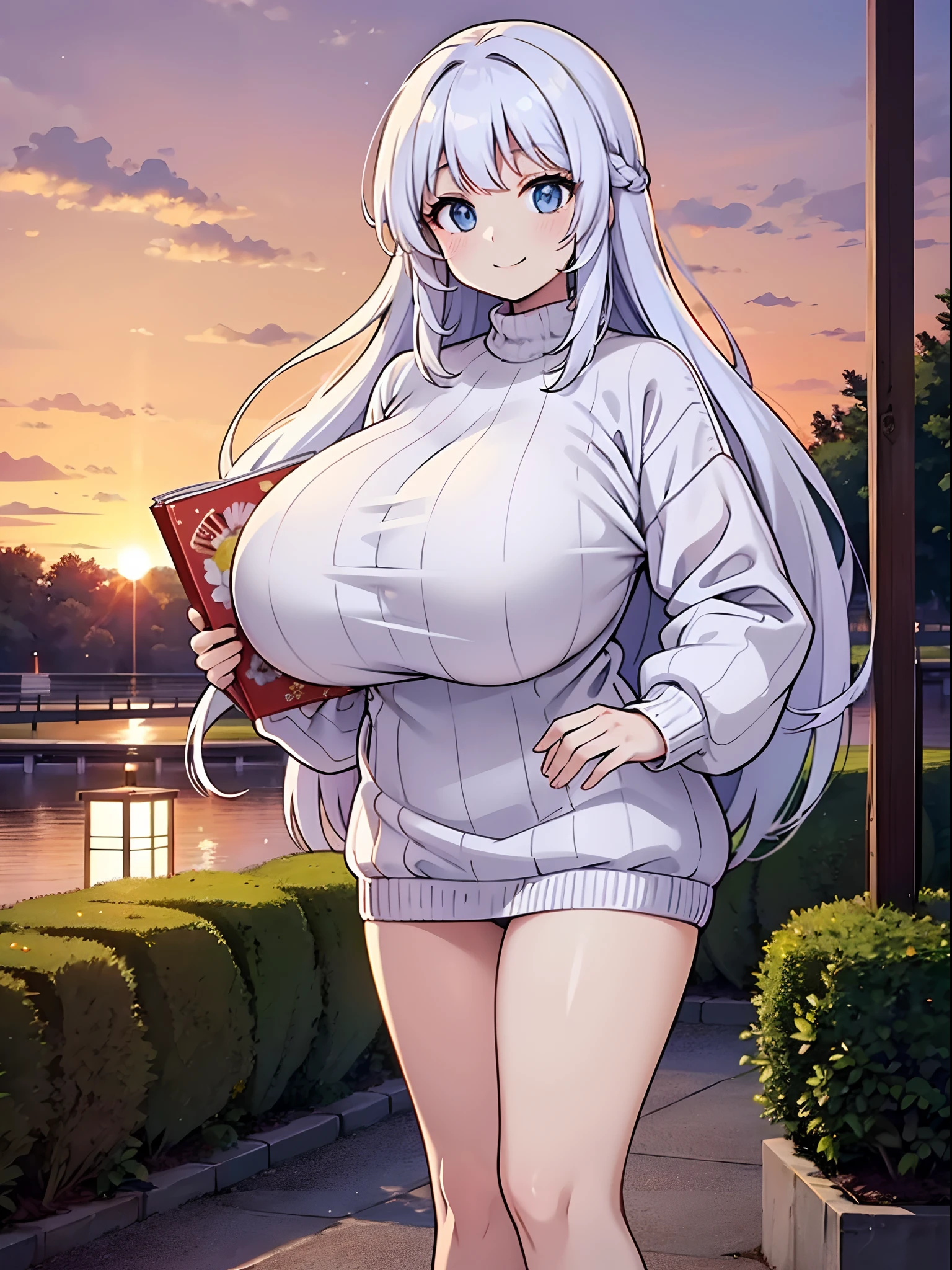 A beautiful  woman with very long hair and a gentle smile and a beautiful sunset in the background,((white summer sweater is huge  inflated )) ,anime,japan comic,