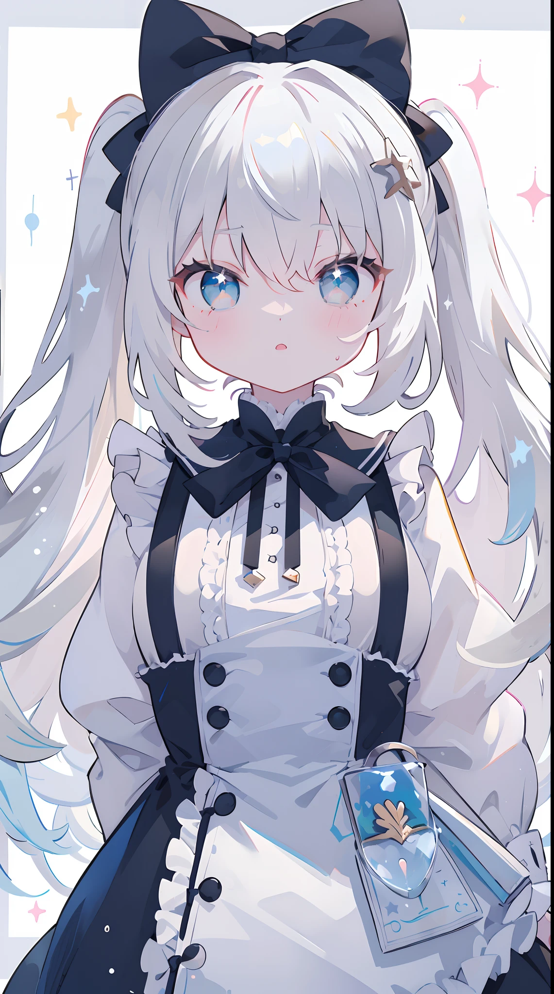 (Best quality,Ultra detailed,A high resolution,Masterpiece:1.2), Portrait,  White hair,  Black and white bow, magnifying glass, Bright blue eyes, Sparkling eyes, White canvas, JK anime, 1 girl, (Uncover the mystery of Lolita:1.4), {Youthful}, Solo, cute female child,arms back behind， Adorable, {illustration}, (The finest character details:1.36), Iconic works,stars