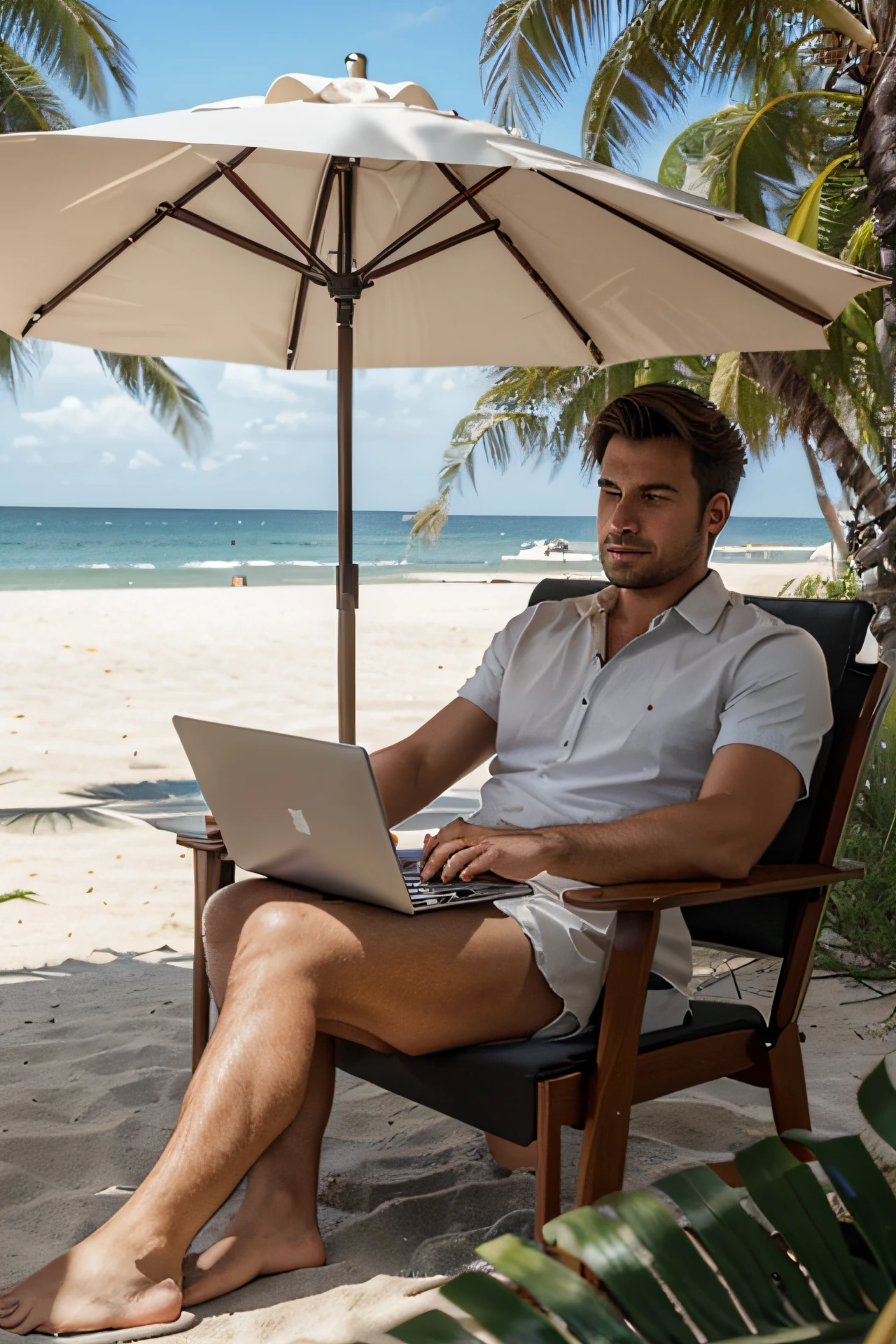there is a man sitting in a chair with a laptop on hiss hand, realistic, working on laptop, on a lounge chair at the beach under a grass umbrella, working hard,