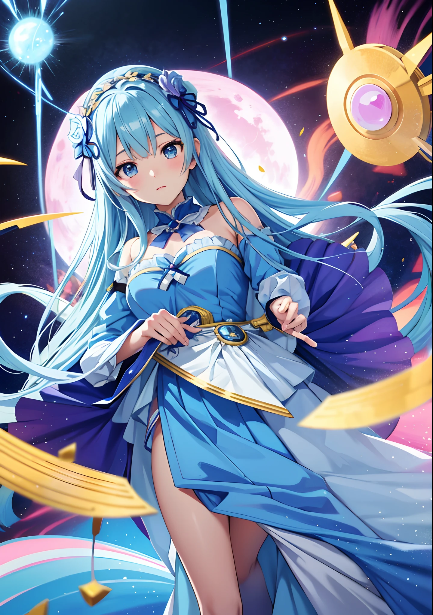 Anime girl in blue dress with flowers, Light blue long hair、Twin-tailed、Cute anime waifu in a nice dress,  in dress, rem rezero, offcial art, Anime princess, Lori, beatrice blue, zerochan art, royal elegant pose, official artwork, splash art anime lolisif, Kushatt Krenz Key Art Women, detailed fan art, Beautiful teenage 