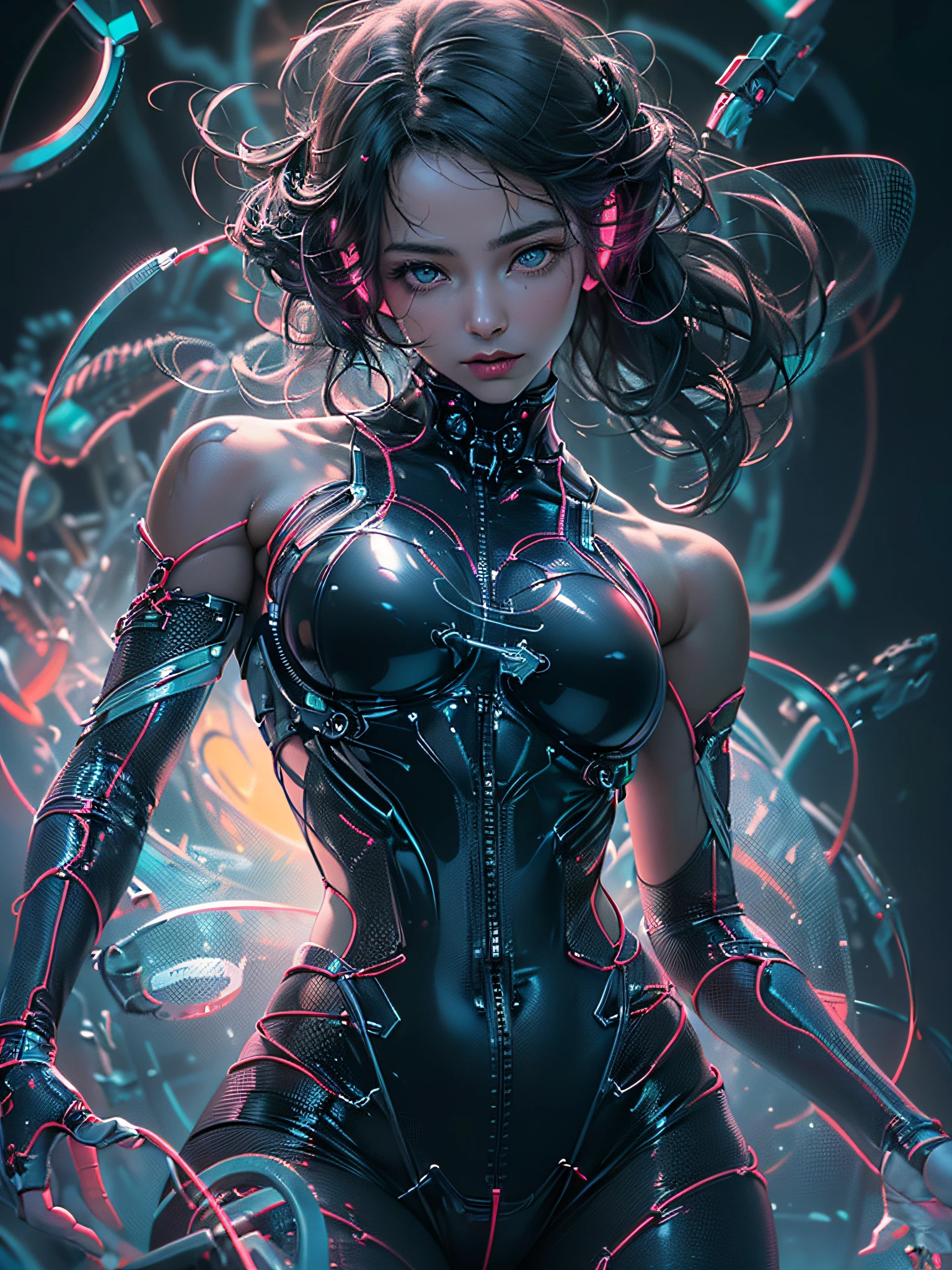 (a beautiful woman in a see-through navy bodysuit, restrained by wire:1.3),(body connecting to a machine ,LED wiring, :1.1),(upper body, dynamic angle, black and purple background, darkness, rainbow-colored aura floating in the darkness:1.1), (shiny skin),ultra-detailed face, detailed eyes,(Eyes that glow red in the dark,cleavage:1.2),lustrous lips ,skinny physique, beautiful figure, elegant,(fractal art , Surrealism, cyber punk),(official art, unity 8k wallpaper, ultra detailed, beautiful and aesthetic, masterpiece ,best quality, photorealistic:1.3),
