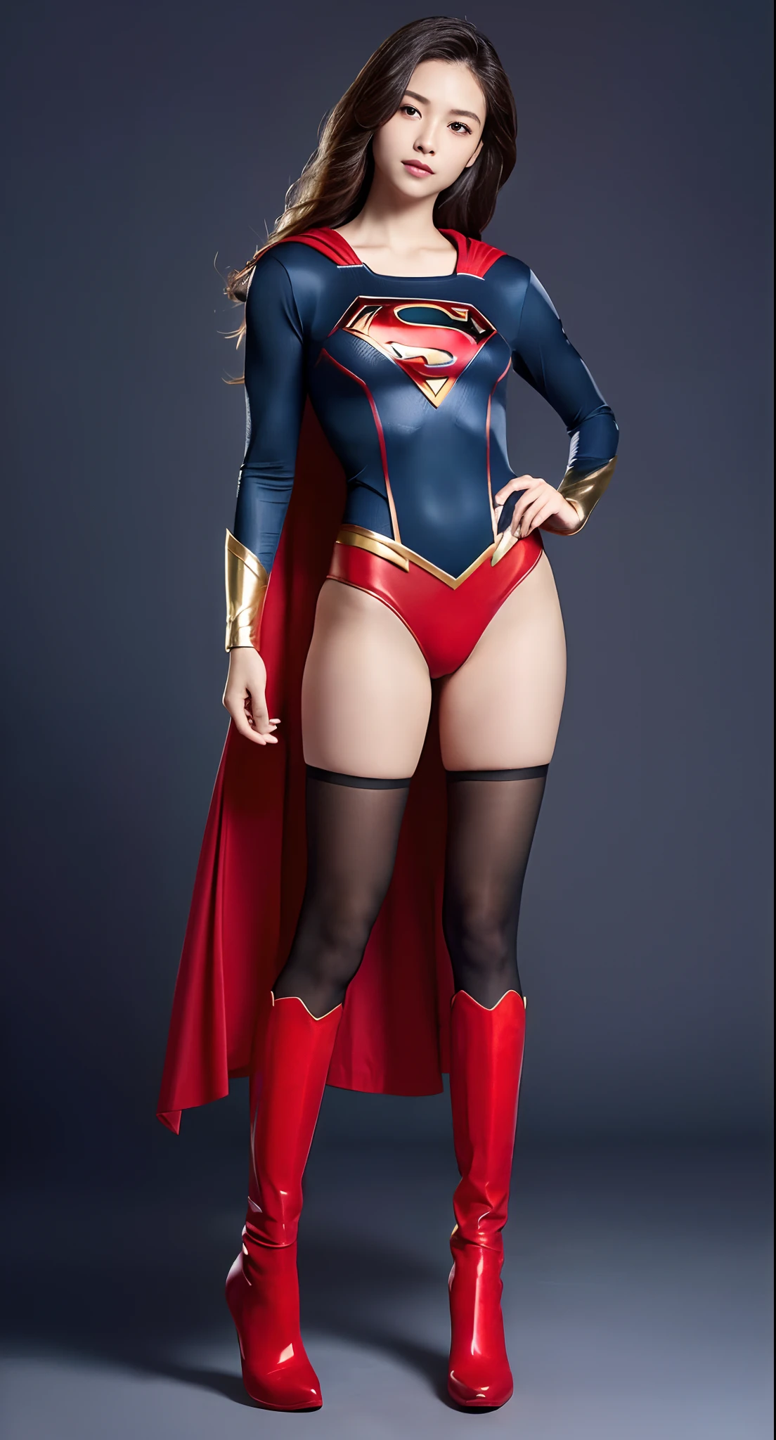 Asian Beautiful Girl、(((Wear black tights on your beautiful legs.)))、(((beauty legs)))、(((facial expression of smile)))、((((Make the most of the original image)))、(((Supergirl Costume)))、(((beautiful hairl)))、(((Suffering)))、(((Feet must necessarily be worn with black tights)))、(((You need to wear red boots)))、((Top image quality、8K))、((top-quality、8K、​masterpiece:1.3))、(((Keep your background simple)))、Crisp focus:1.2、Beautiful woman with perfect body shape:1.lender Abs:1.2、a wet body:1.5、Highly detailed facial and skin texture、8K、beauty legs
