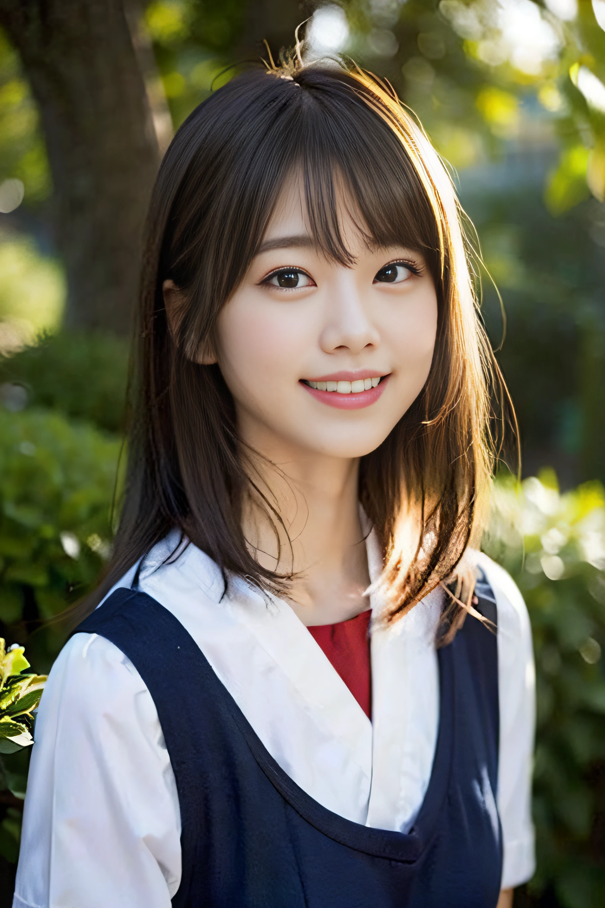 (8K、Raw photography、top-quality、​masterpiece:1.2)、(realisitic、Photorealsitic:1.37)、ultra-detailliert、超A high resolution、女の子1人、see the beholder、beautifull detailed face、A smile、Constriction、(Slim waist) :1.3)、Beautiful detailed skin、Skin Texture、Floating hair、Professional Lighting、Whole human body、a blond、japanese hight school uniform、a sailor suit、Twin Hairstyles、E-cup、Happy smile、sixteen years old、Red ribbons、a baby face、in woods、Tree of the Rising Sun々Passing sunshine、Deities々Shikai、Hair fluttering in the wind、the wind
