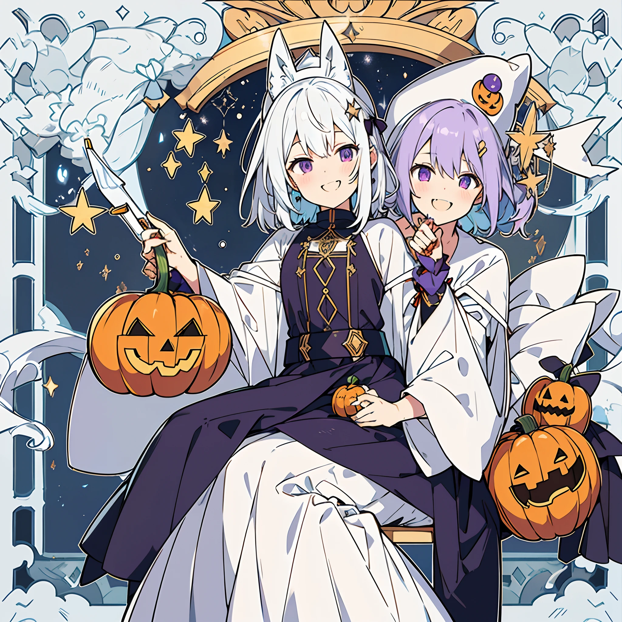 A maiden sitting on a rooftop under the stars,white color hair,a purple eye,Wearing a wizard hat and a star hairpin,Holding a pumpkin head filled with candy in his hand,Smile,with her mouth open,Show cute fangs