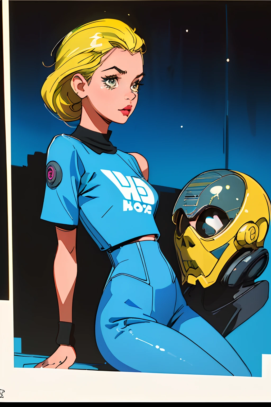 (mejor calidad, obra maestra), 1girl, sci-fi, 1980s \(estilo\), mirando al espectador, pinup \(estilo\), parte superior del cuerpo,