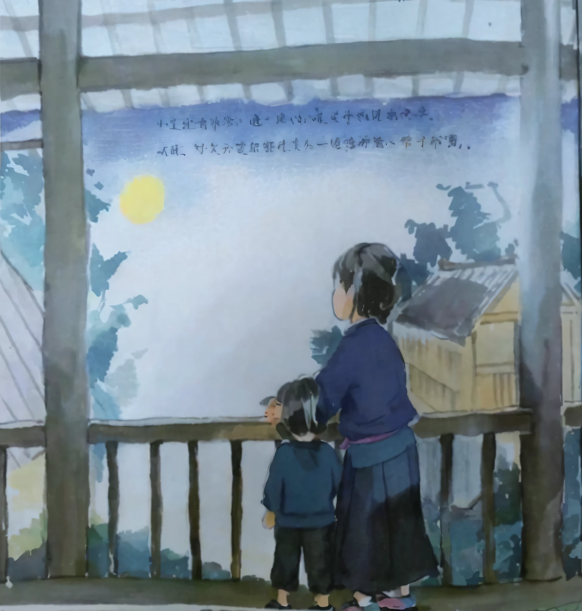 Draw a woman and child looking at a bird in a cage, author：Mei Qing, by Chizuko Yoshida, coloring book, author：Fu Miao, author：Li Zai, author：Ma Yuanyu, inspired by Ogata Gekkō, Inspired by Liu Jue, author：yukimasa ida, author：Nanmi Morikage