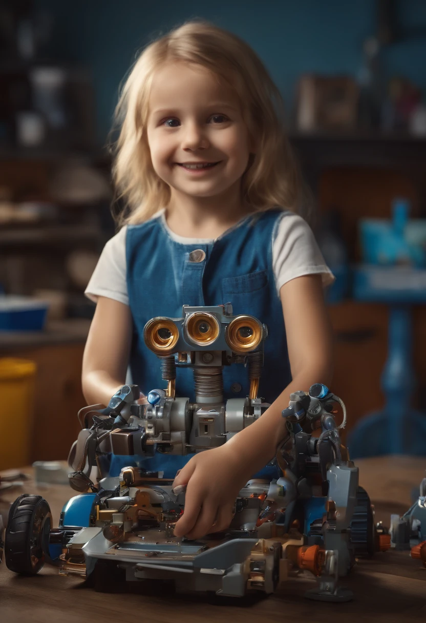 (best quality, high resolution, ultra-detailed, realistic:1.37), vivid colors, studio lighting, HDR, sharp focus, professional, masterpiece:1.2, colorful art backgrounds, digital painting style, child with blonde hair, cheerful joyful student, bright eyes, programming, child looking at the robot, child wearing a blue shirt, child in the center of the image, robot assembly process.