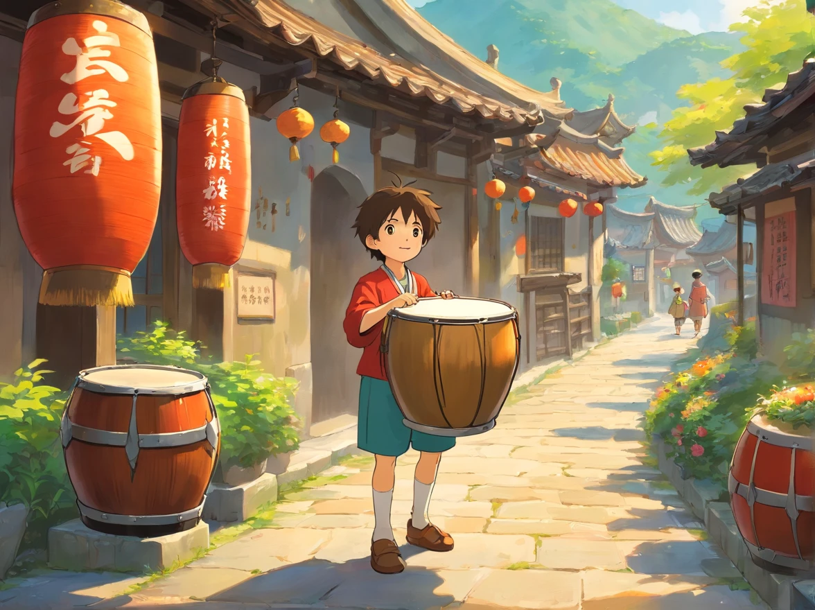 The little boy came to his hometown in the Guangxi Zhuang Autonomous Region,It is the special holiday of March 3。The whole village is filled with a festive and convivial atmosphere。There are copper drums all around