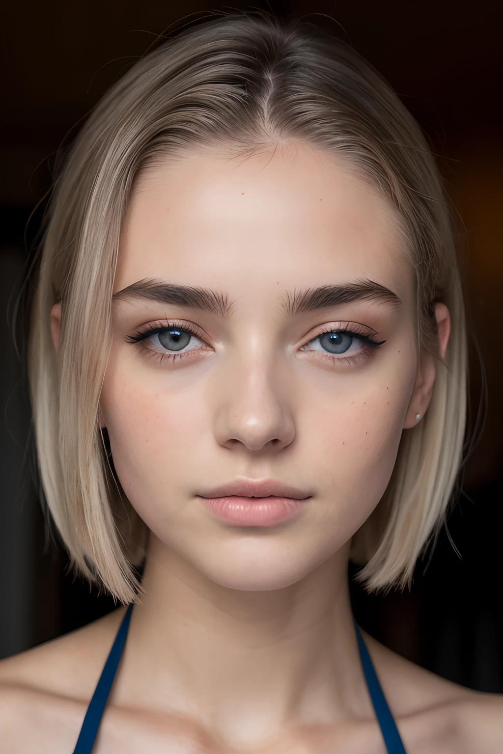 .RAW, uma foto de um adolescente sedutor com estilo solto, (cabelos ruivos:1.2), entediado, She's wearing a blue halter top, mascara, close up do rosto, (pele texturizada, skin pores:1.1), pele imperfeita, arrepios, impeccable face, (beijado pelo sol:1.1), ((fotorrealista):1.1),