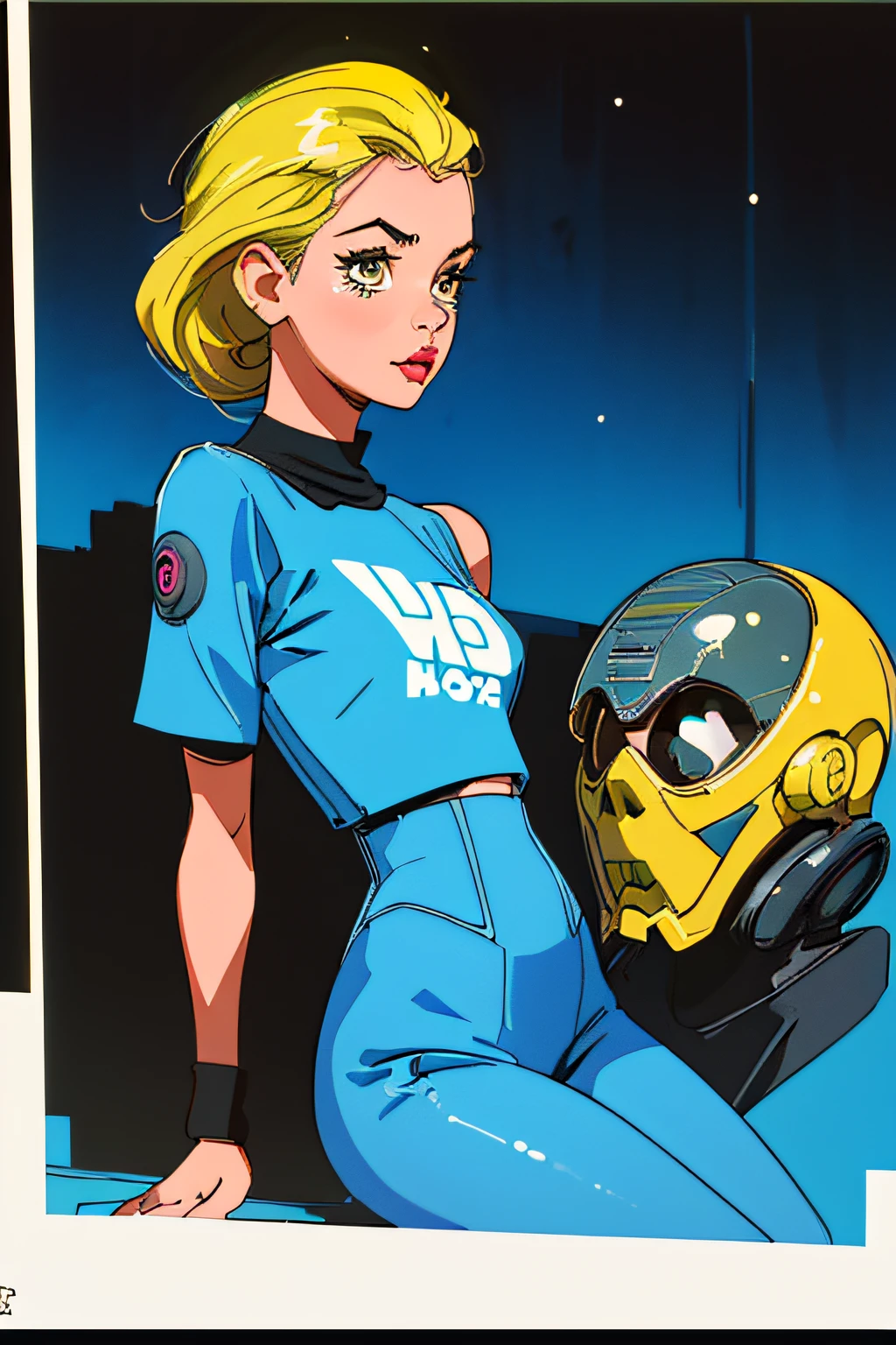 (mejor calidad, obra maestra), 1girl, sci-fi, 1980s \(estilo\), mirando al espectador, pinup \(estilo\), parte superior del cuerpo,