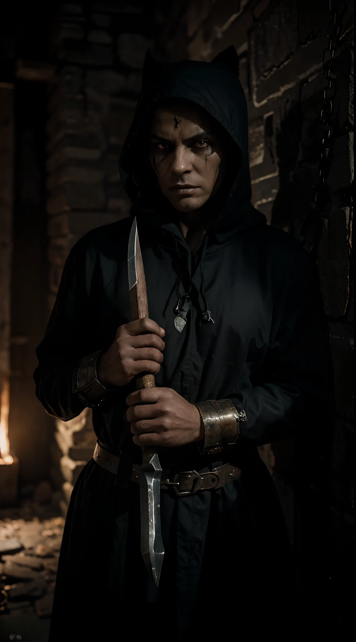 (best quality,4k,8k,highres,masterpiece:1.2),ultra-detailed,(realistic,photorealistic,photo-realistic:1.37),executioner holding large and intimidating ax,mysterious and dark figure,sharp-edged weapon with blood stains,ominous and intense atmosphere,grim and menacing presence,hooded executioner with a stoic expression,medieval setting with dimly lit dungeon,heavy chains and shackles hanging from the walls,[darkness] enveloping the scene,dramatic lighting casting eerie shadows, [metallic] texture on the ax, [ominous] color palette with deep shades of red and black, [sinister] aura surrounding the executioner, [mystical] fog adding an air of mystique, [stern] facial features and intense eyes, [gloomy] and chilling background setting