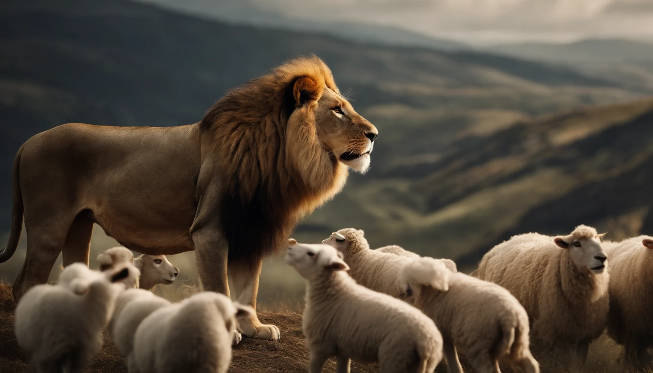 a lion with golden crown roaring and sheep around on a mountain