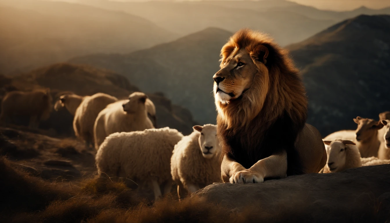 a lion with golden crown roaring and sheep around on a mountain
