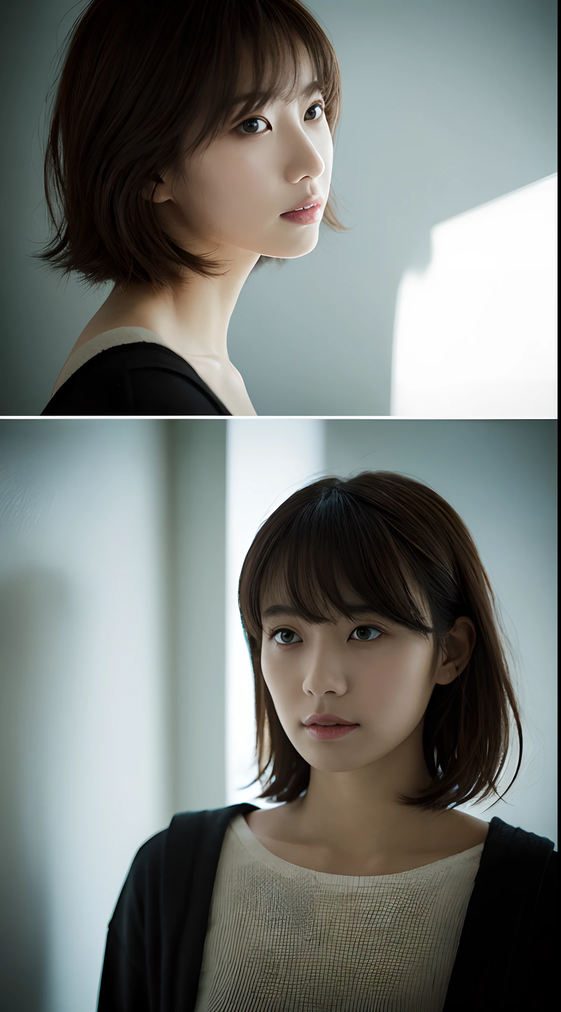 ((​masterpiece:1.4、top-quality))、(photographrealistic:1.4)、profetional lighting、1人の女性、physically-based renderingt,Cowboy Shot,Short hair、layers-Cut、A dark-haired、extra detailed face、Detailed skin、(Women in Japan:1.05)、age 30s、thin bunches of bangs、knit、White Room、white walls、Bright lighting