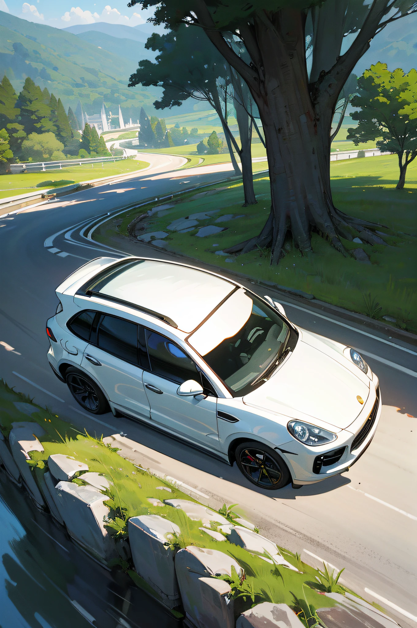 Best quality, painting of a (White 2022 Porsche Cayenne), and Blueridge mountain scene with a river and trees, car centered Masterpiece, (photograph realistic:1.4), surrealism, Dream-like,fusionart, Shadowdancer, shadow magic,Dilapidated castle in the background