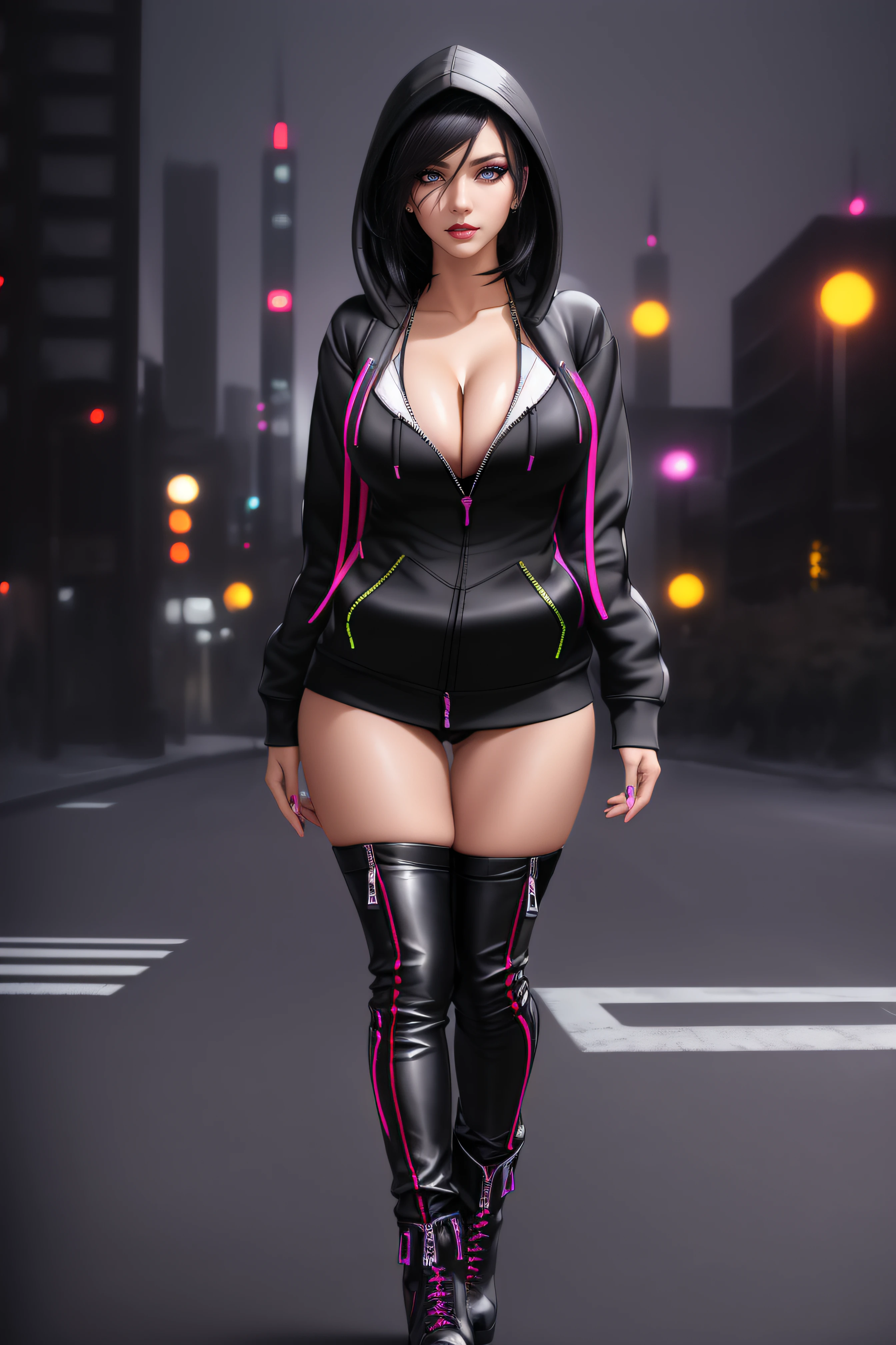 beautiful girl, ((standing:1.4)), (confident gaze:1.1), full body, short bright neon streaked black hair, ((realistic highly detailed eyes:1.4)), ((seductive pose:1.2)), black eyeshadow, (street style wear:1.2), ((hoodie open zip:1.4)), ((cleavage:1.4)),((tight fitted pants)), ((knee high leather boots)), (dark city night black background:1.4), dark makeup, digital art, trending on artstation, highly detailed, fine detail, intricate, detailed facial features, sharp focus, smooth, aesthetic,