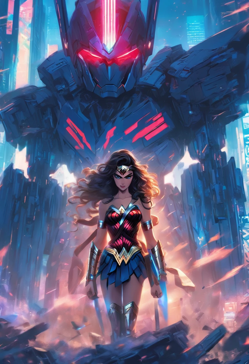 Wonder Woman standing next to the giant Optimus Prime,(Transformers 3 Optimus Prime:1.37),(Female warriors of the future:1.1),,wonder women,Trends on CGiStations,Guviz,Russell Dongjun Lu,Digital cyberpunk anime art,Ross Tran 8 K,Guweiz on ArtStation Pixiv ,