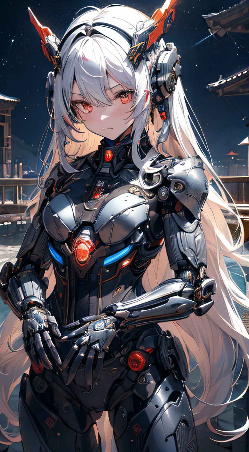 masterpiece,best quality,ultra-detailed,very detailed illustrations,extremely detailed,intricate details,highres,super complex details,extremely detailed 8k cg wallpaper,cowboy shot, caustics,reflection,ray tracing, demon theme,nebula,dark aura,cyber effect, solo ,alone, mecha musume,mechanical parts, robot joints,single mechanical arm, headgear, mechanical halo,star halo,intricate mechanical bodysuit, mecha corset, full armor, very long hair,white hair, hair between eyes, multicolored hair, colored inner hair, red eyes random expressions,random action, ancient japanese architecture,pond, starry sky,skyline, ( girl:1.4)
