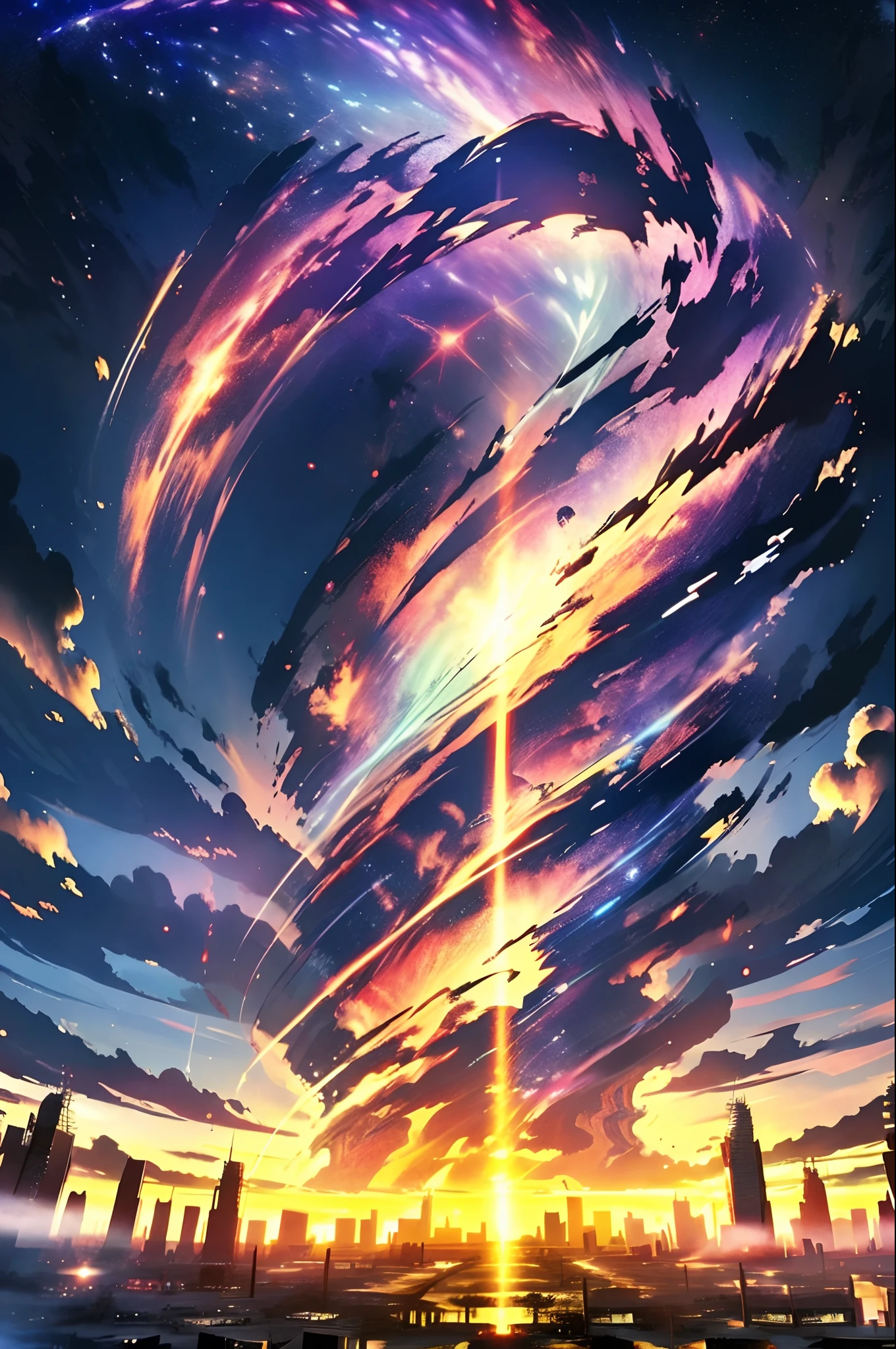 EpicPsychedelicSky, psychedelic sunset, outdoors, sky, storm clouds, thunder, lightning, water, no_humans, cloudy_sky, building, star_(sky), scenery, lens_flare, starry_sky, reflection, sunset, post apocalyptic wasteland city, post apocalyptic wastleland cityscape, post apocalyptic wasteland skyscraper, city_lights, diffraction, incredible color scheme, perfect color scheme 
 (perfect masterpiece,best quality, best resolution:1.5)(perfect CG 8K UHD unity wallpaper)