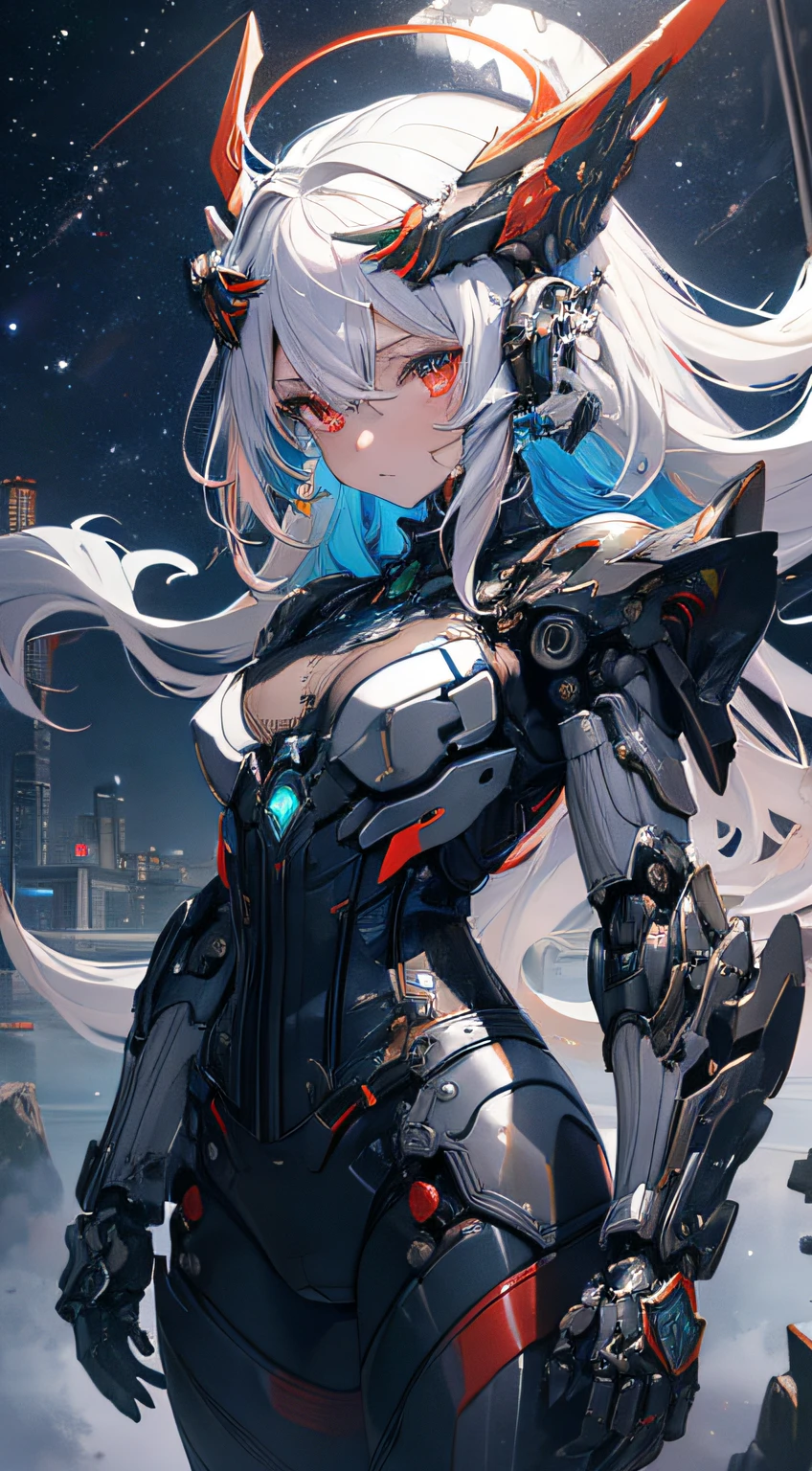 masterpiece,best quality,ultra-detailed,very detailed illustrations,extremely detailed,intricate details,highres,super complex details,extremely detailed 8k cg wallpaper,cowboy shot, caustics,reflection,ray tracing, demon theme,nebula,dark aura,cyber effect, solo ,alone, mecha musume,mechanical parts, robot joints,single mechanical arm, headgear, mechanical halo,star halo,intricate mechanical bodysuit, mecha corset, full armor, very long hair,white hair, hair between eyes, multicolored hair, colored inner hair, red eyes random expressions,random action, ancient japanese architecture,pond, starry sky,skyline, (little girl:1.4)