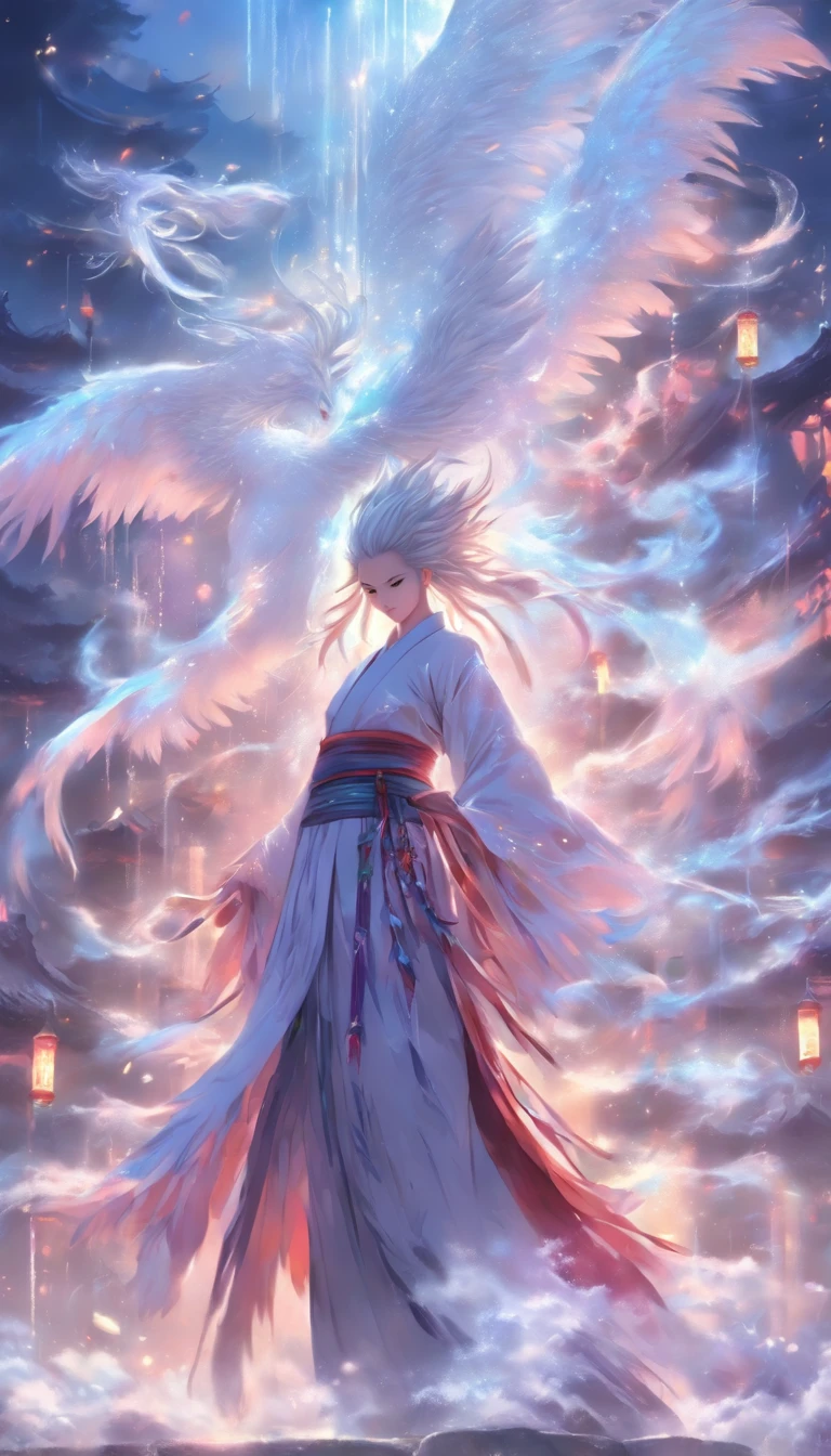 china style,中景 the scene is,The Taoist monk stood in front of a huge transparent Chinese sword,Angel Girl, girl with,full body Esbian,white color hair, Ancient white clothes, devilish white tail with hair at the end,,,,, de pele branca, Big white wings,a lot of feathers float、angelicales、reaching out her hands,Long messy hair,glow effect,Hyper-realistic,Ultra photo realsisim,Chinese black and white ink style,purple,decolorization,Smudge,inky,8K,super-fine,high quarity,OC Renderer