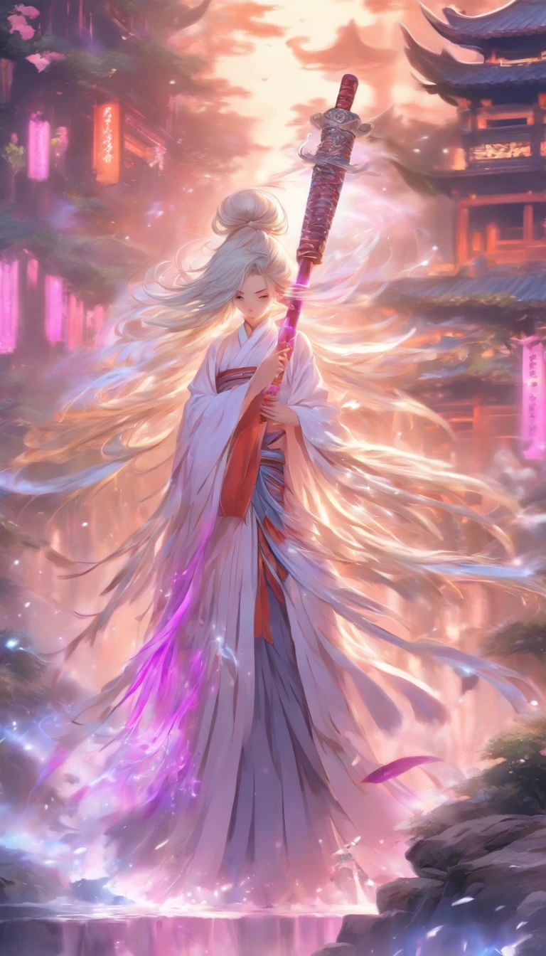 china style，中景 the scene is，The Taoist monk stood in front of a huge transparent Chinese sword，Angel Girl, girl with,full body Esbian,white color hair, Ancient white clothes, devilish white tail with hair at the end,,,,, de pele branca, Big white wings,a lot of feathers float、angelicales、reaching out her hands，Long messy hair，glow effect，Hyper-realistic，Ultra photo realsisim，Chinese black and white ink style，purple，decolorization，Smudge，inky，8K，super-fine，high quarity，OC Renderer